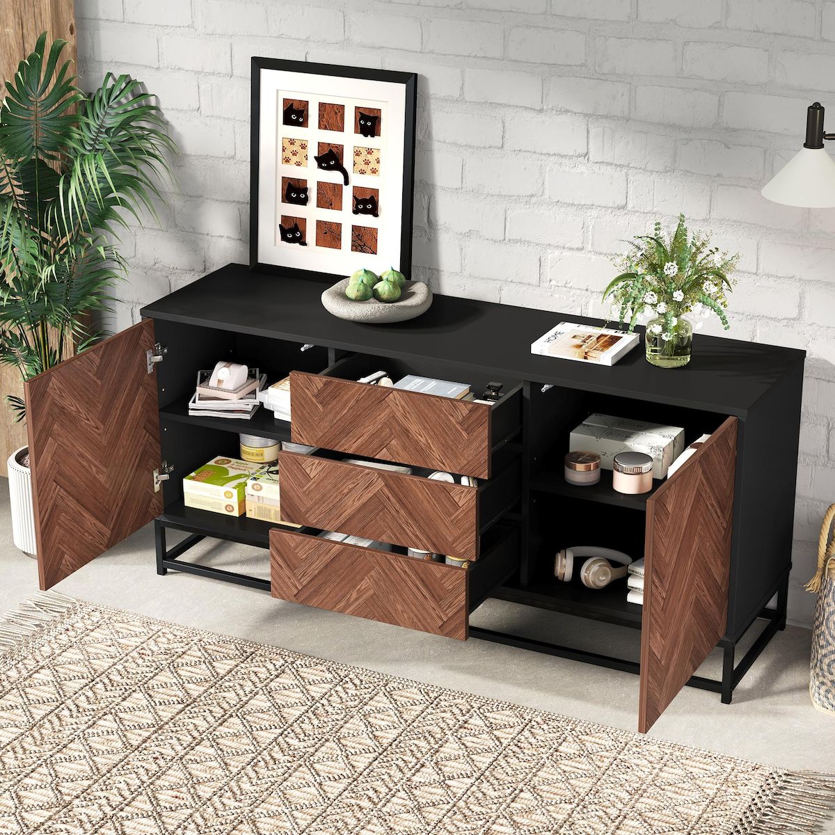 MERAX Buffet 2 porte(s) 3 tiroir(s) - 145 cm noir+naturel panneau de particules