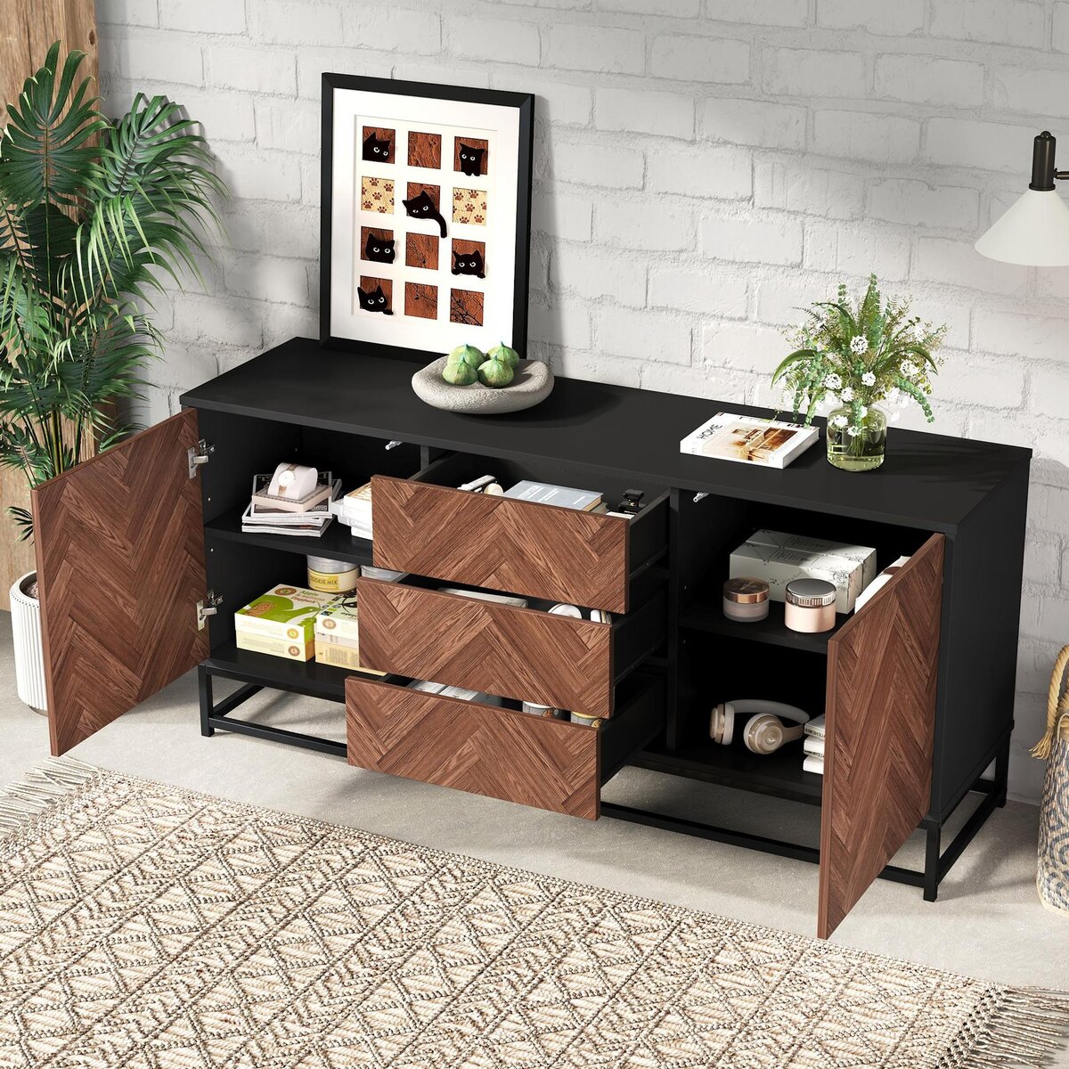 MERAX Buffet 2 porte(s) 3 tiroir(s) - 145 cm noir+naturel panneau de particules