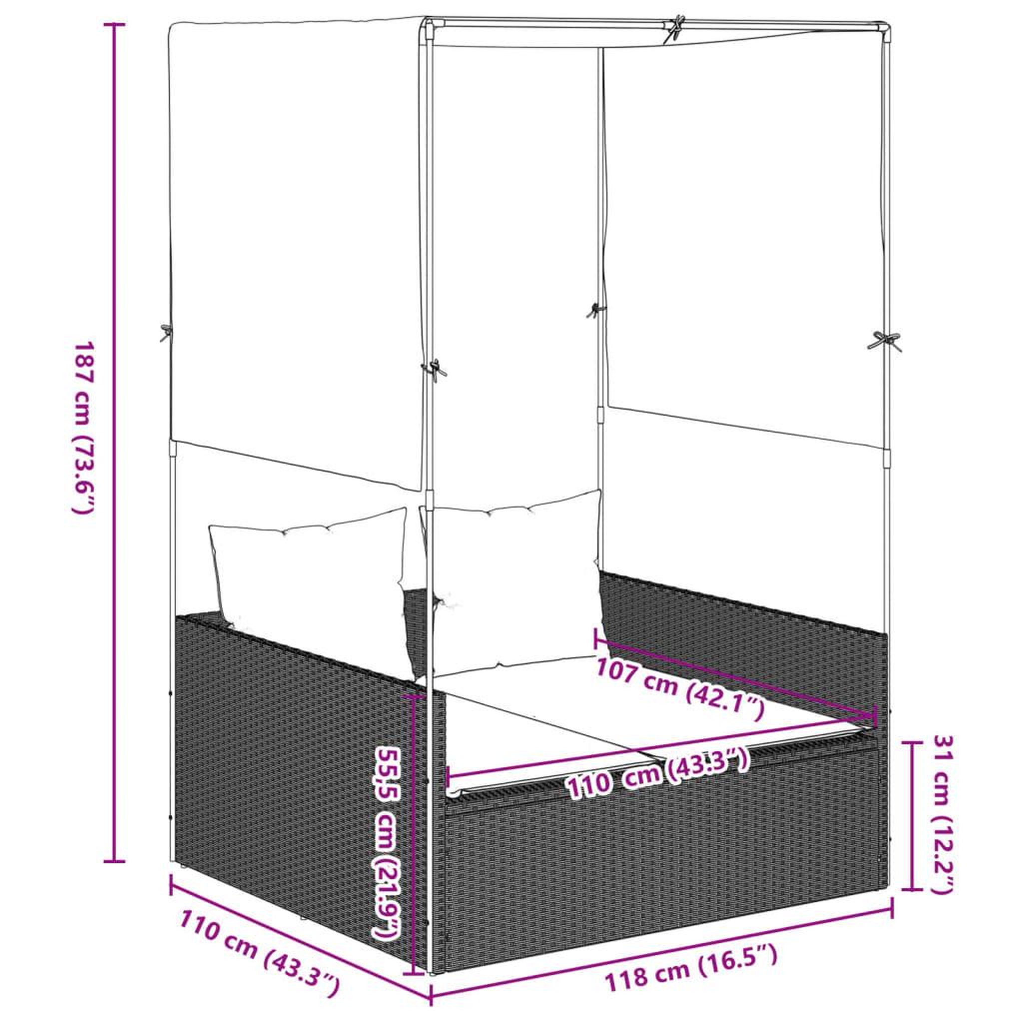 Voir la diapositive 6 : VIDAXL Chaise longue double avec toit et rideaux gris clair poly rotin