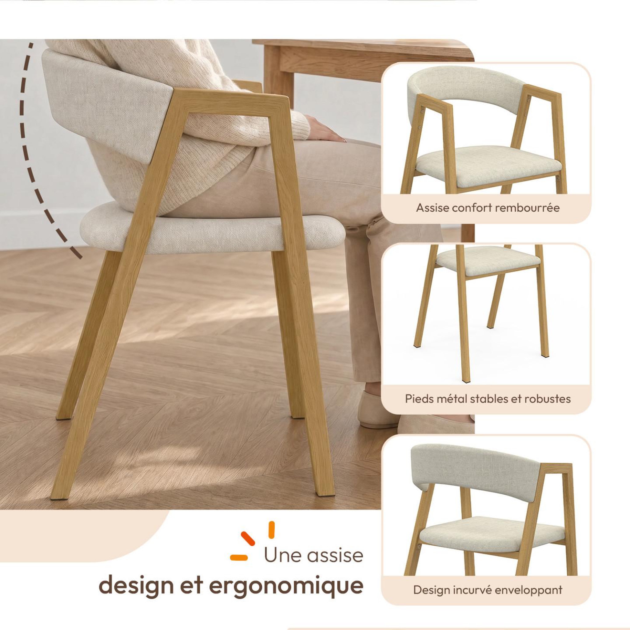 Voir la diapositive 3 : ID MARKET Lot de 6 chaises CAMILLE en métal effet bois et tissu beige avec accoudoirs