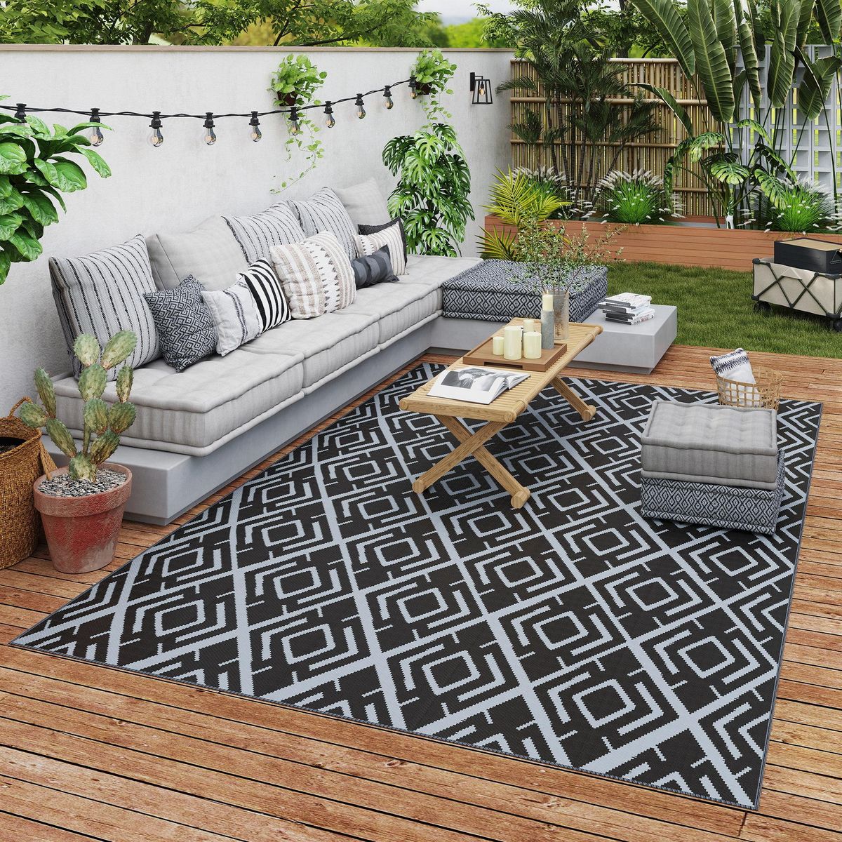 OUTSUNNY Tapis d'extérieur réversible motif graphique dim. 2,7 x 1,8 m polypropylène gris noir