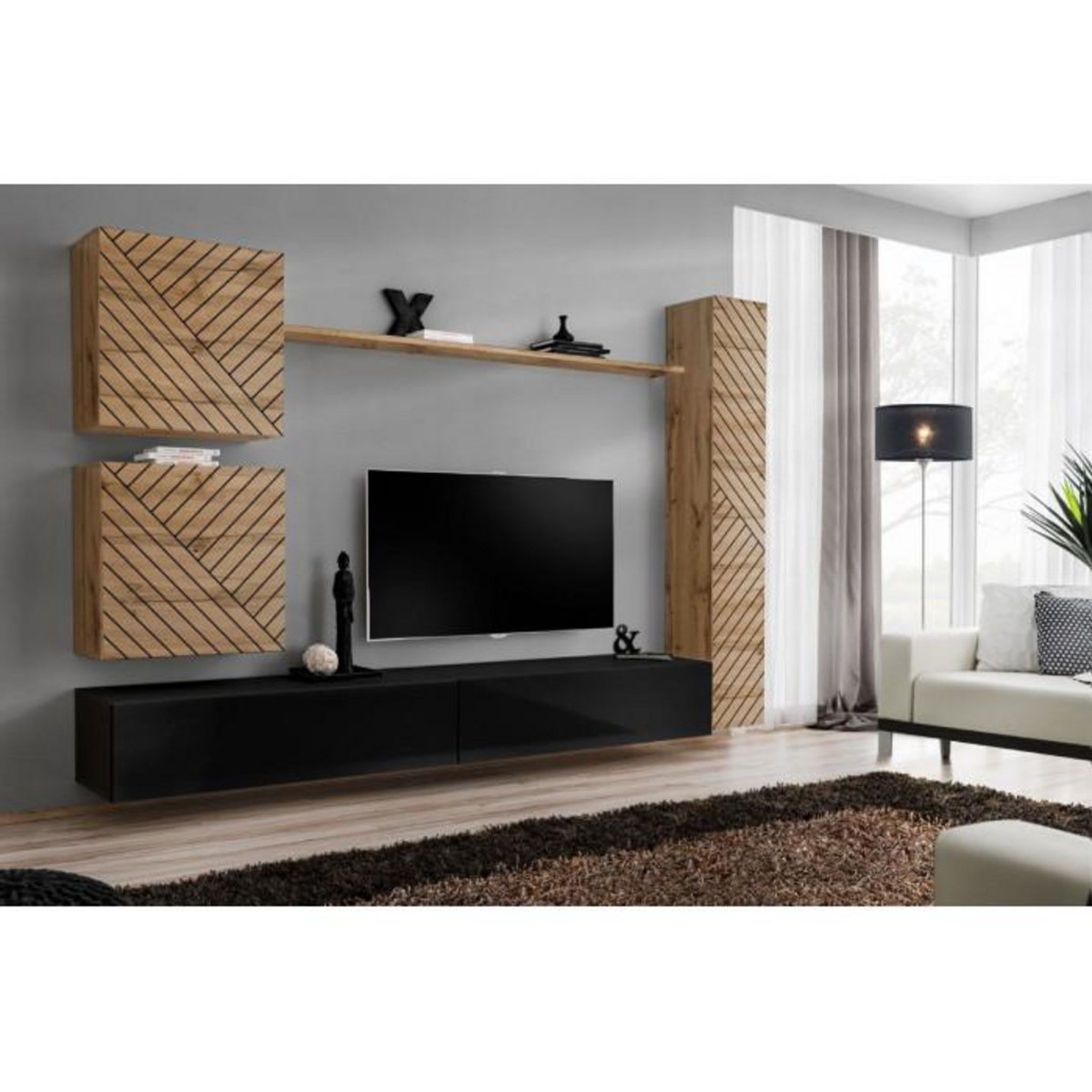 Paris Prix Ensemble Meuble TV  Switch Lamel VIII  280cm Noir & Naturel
