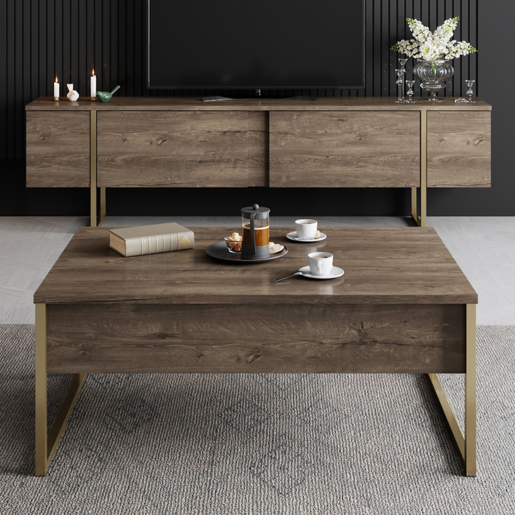 Voir la diapositive 6 : CONCEPT USINE Meuble tv bois et or avec rangement 180 cm bearn