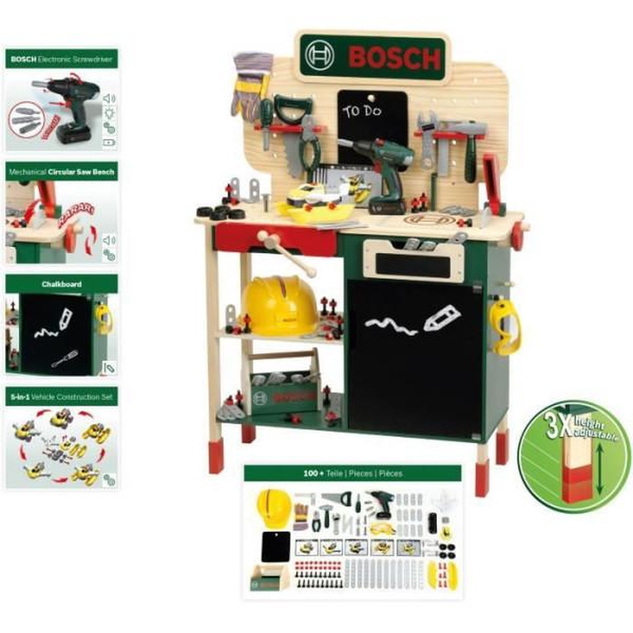 Klein Grand établi Bosch - KLEIN - 8734 - Bois FSC - Avec visseuse électronique, caisse a outils, set de construction, etc. - Des 3