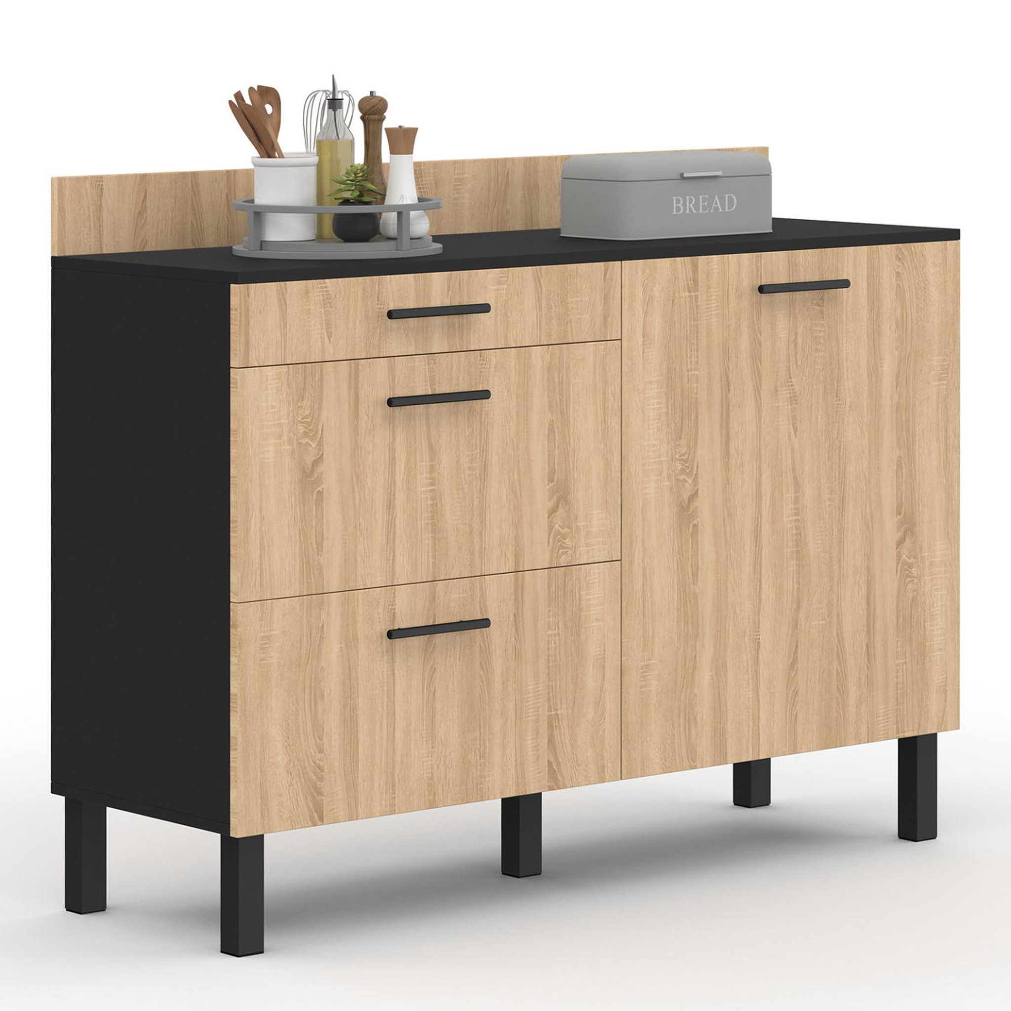 Voir la diapositive 3 : ID MARKET Buffet bas casserolier de cuisine 120 cm cina plan de travail h.83 cm 1 porte + 3 tiroirs noir et façon hêtre