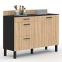 Voir la diapositive 3 : ID MARKET Buffet bas casserolier de cuisine 120 cm CINA plan de travail H.83 cm 1 porte + 3 tiroirs noir et façon hêtre