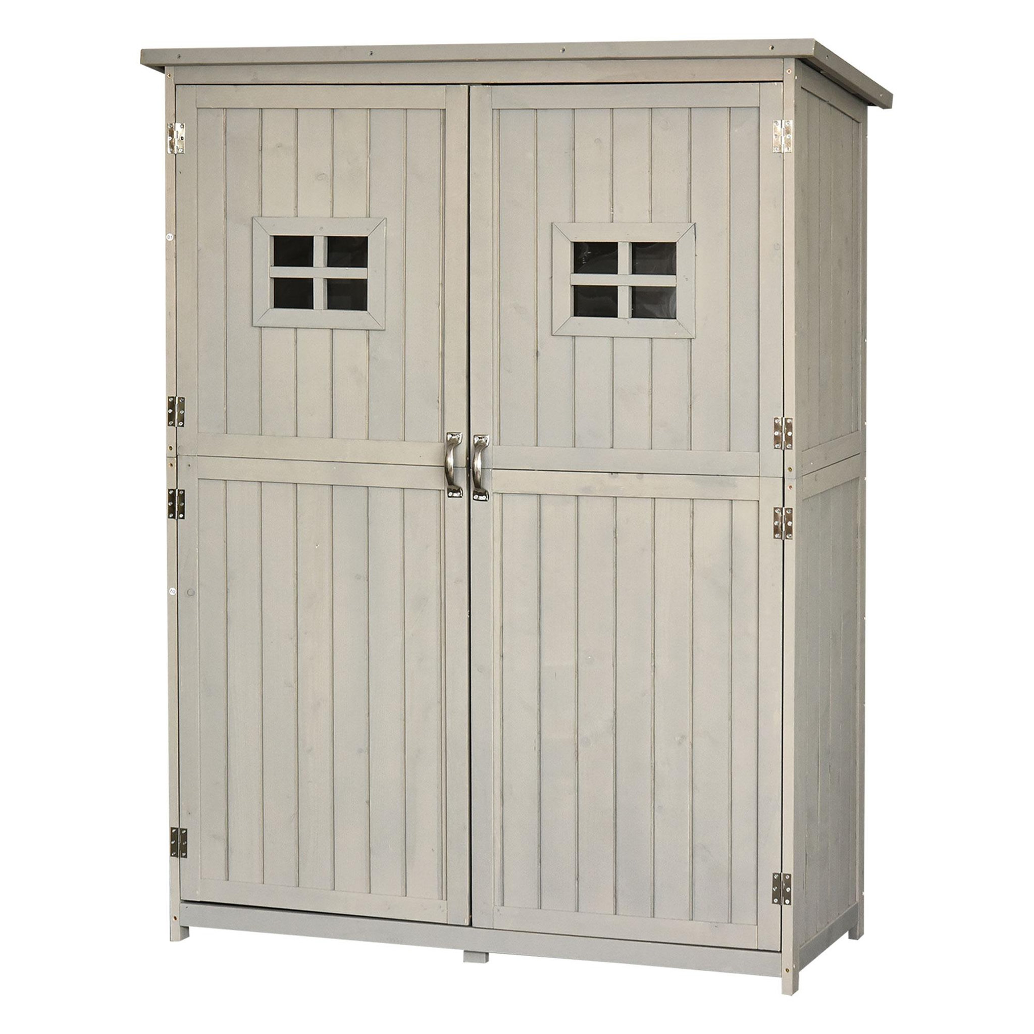 Voir la diapositive 1 : OUTSUNNY Abri de jardin armoire de jardin remise pour outils sur pied dim. 128L x 50l x 164H cm 2 étagères 2 portes 2 fenêtres toit bitumé étanche bois massif sapin pré-huilé gris