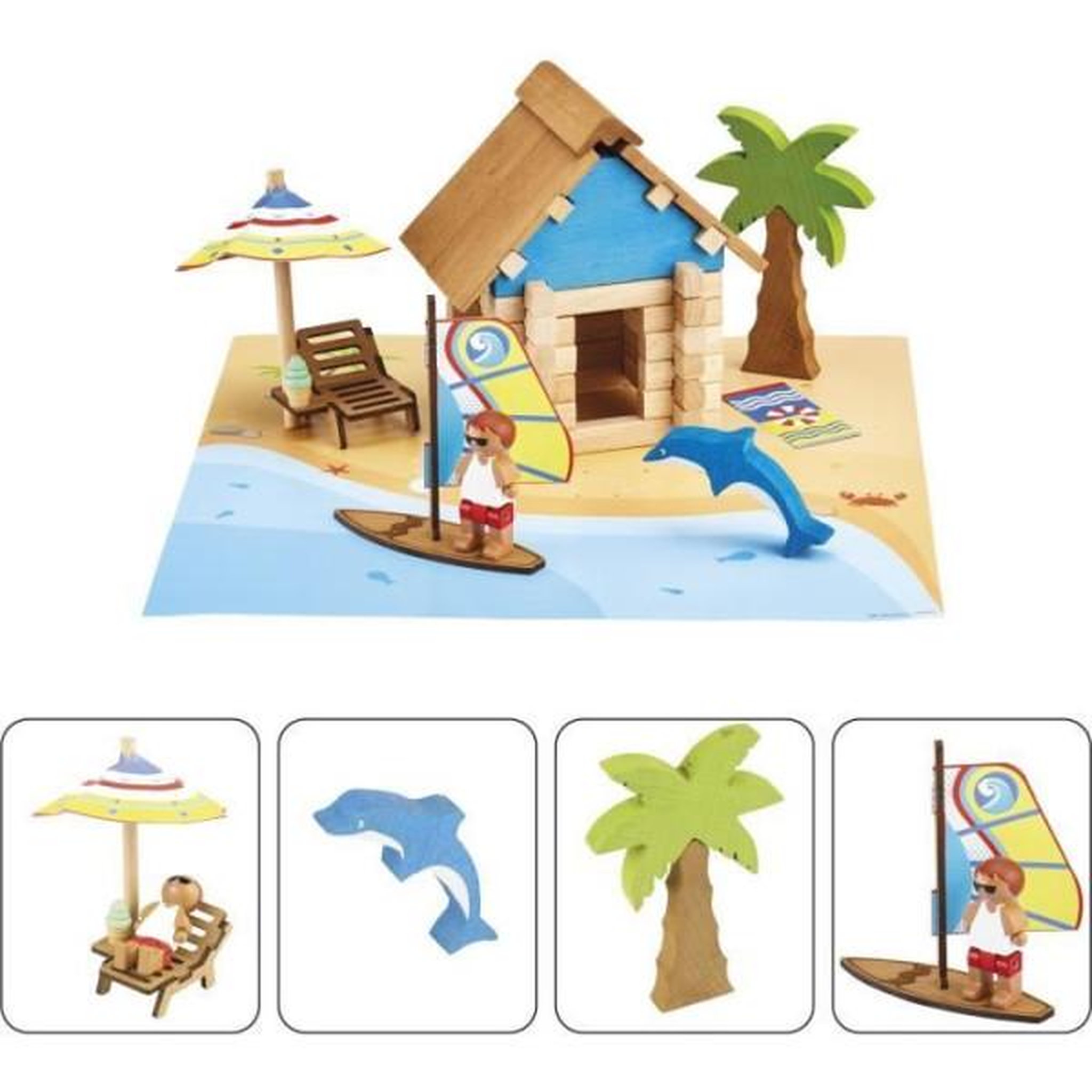 Voir la diapositive 3 : JeuJura La Cabane de Plage 55 Pieces - JEUJURA - Jeu de Construction en Bois Naturel, Tapis et Accessoires Inclus, 22x18,5x8,5 cm