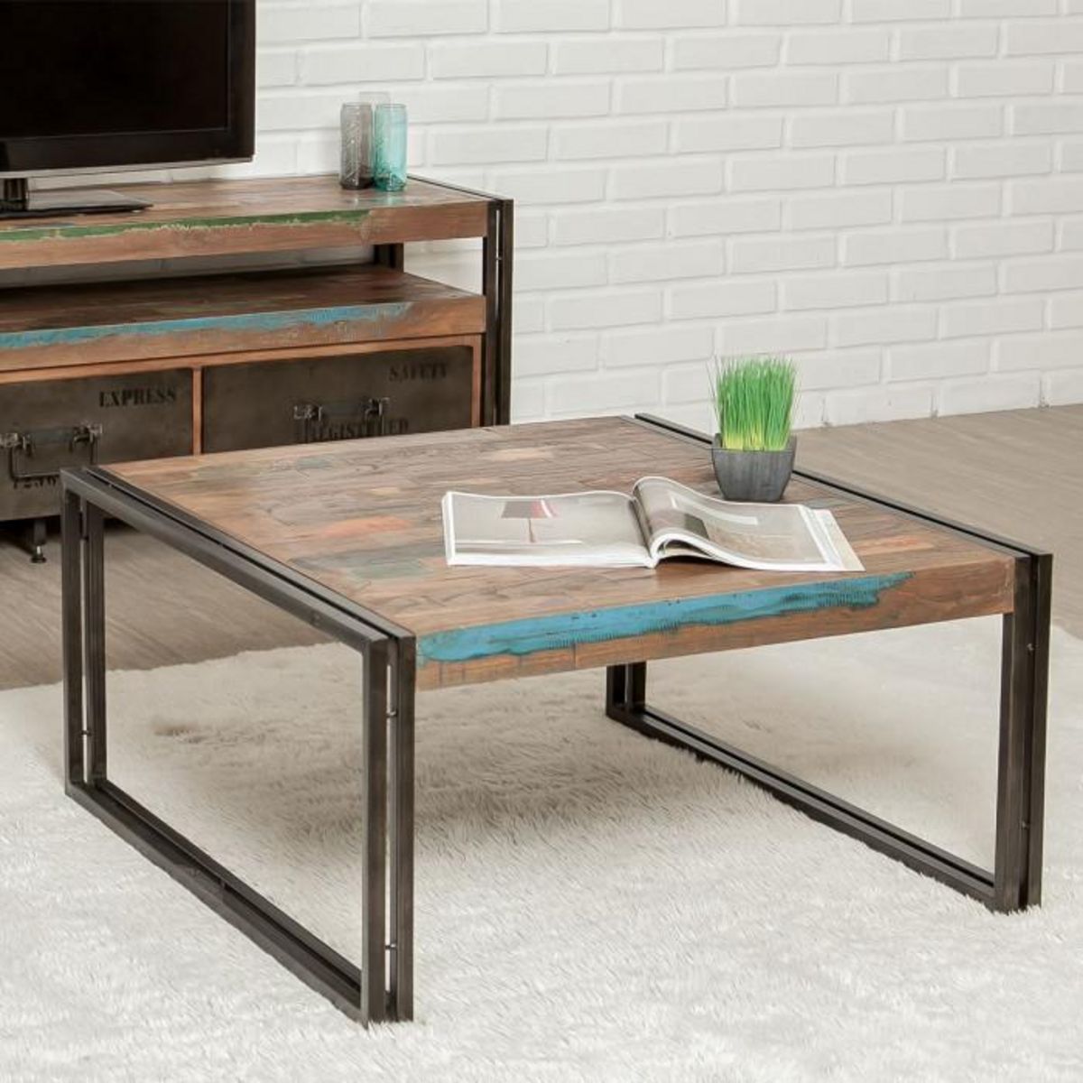 Paris Prix Table Basse Carré en Teck Industriel  Loft  80cm Naturel