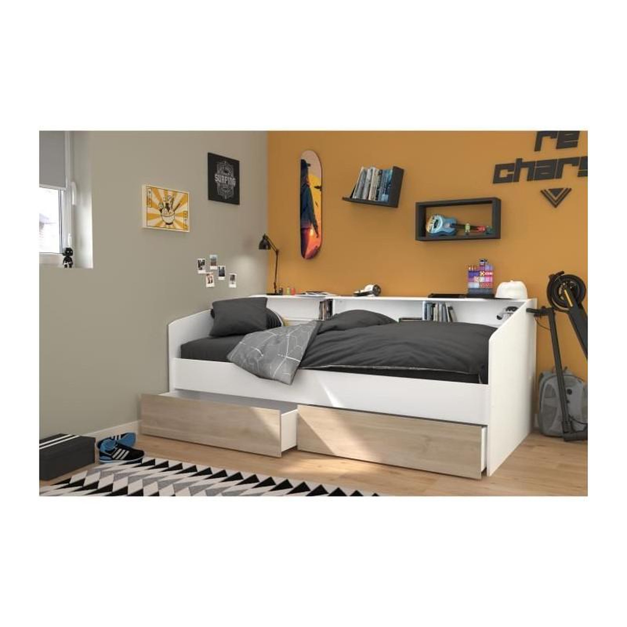 Voir la diapositive 5 : PARISOT Lit banquette 2 tiroirs 90 x 200/190 cm - MDF - Mat décor chene et blanc - JOY - 2339ENSE