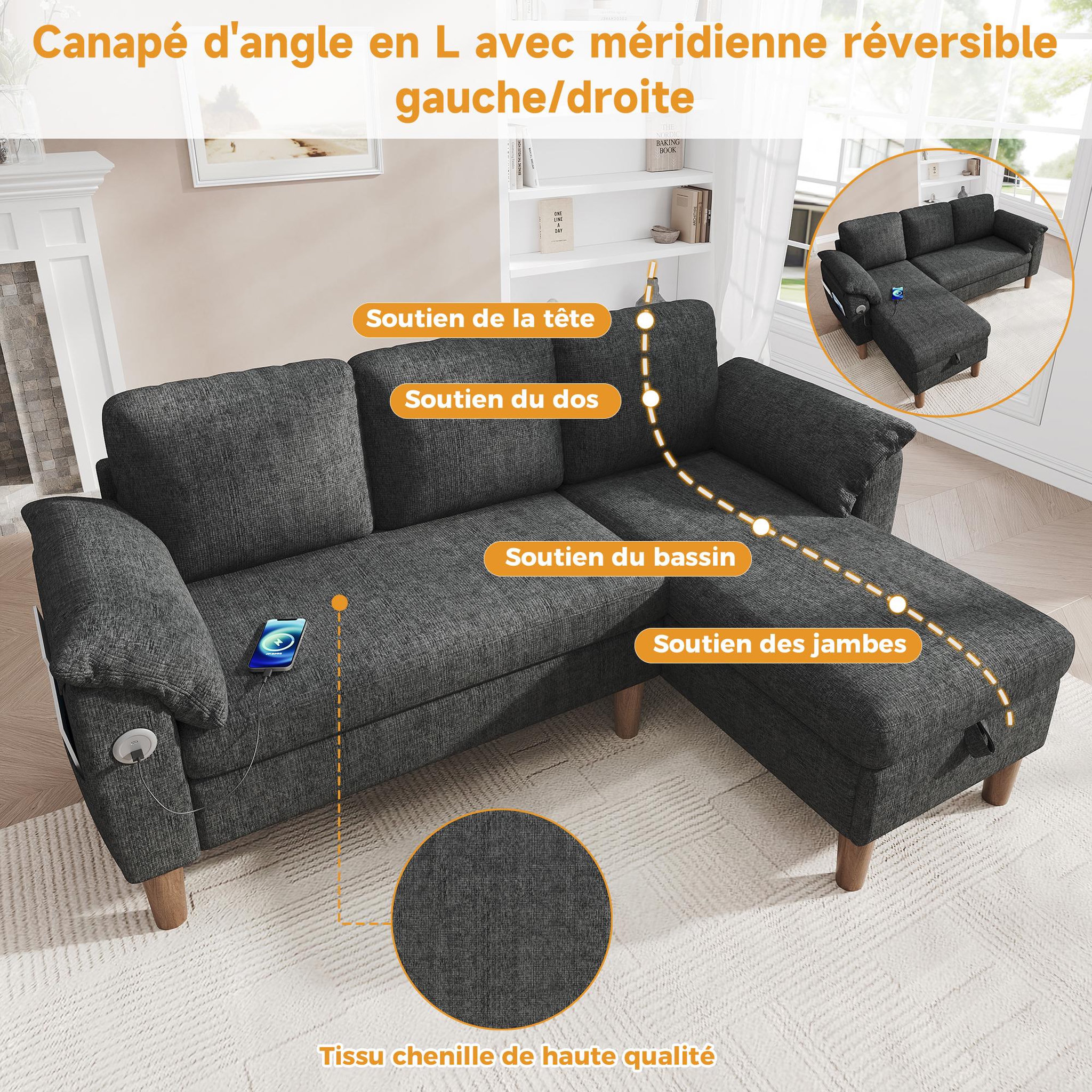 Voir la diapositive 6 : MERAX Canapé d'angle 3 places avec méridienne coffre tissu chenille usb type-c
