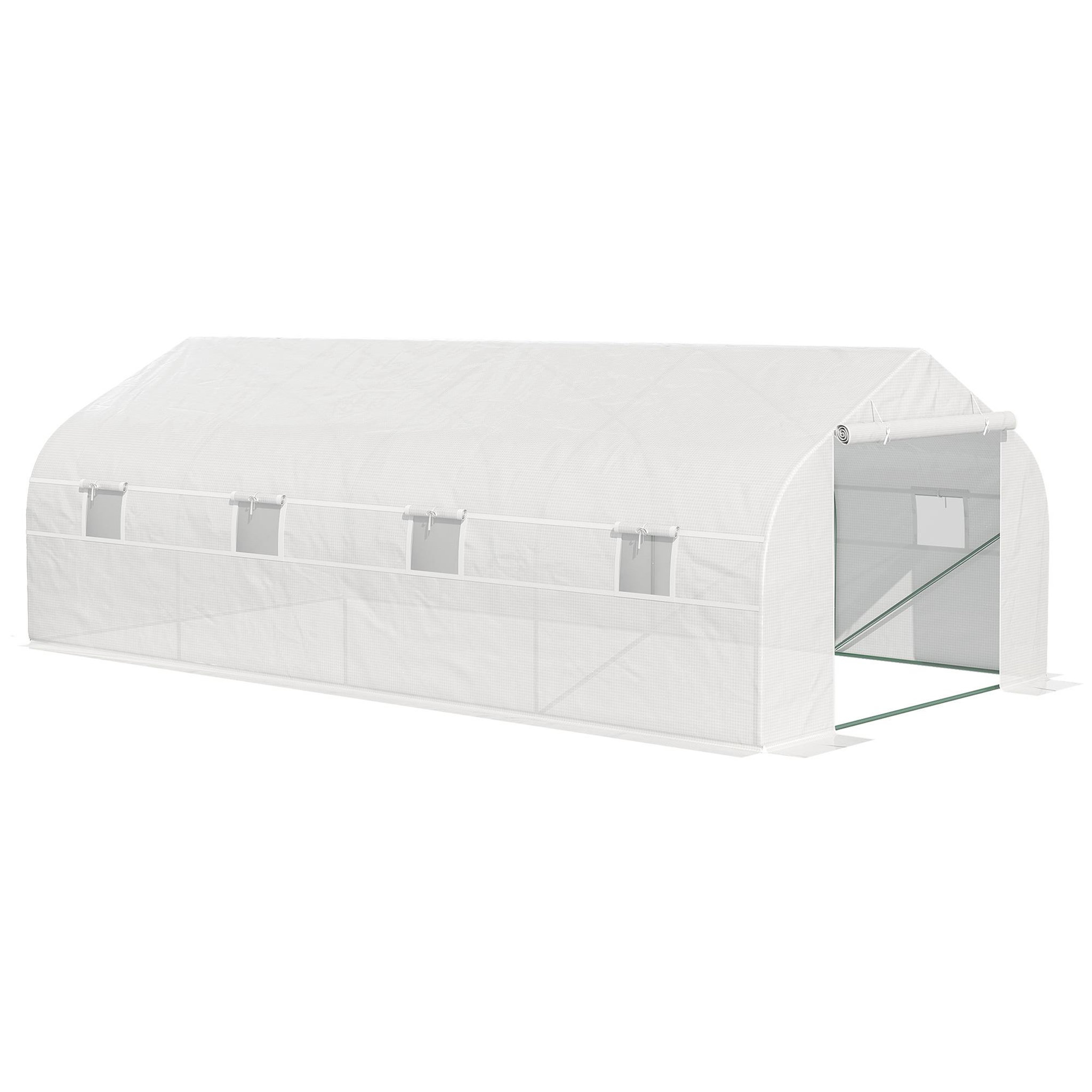 OUTSUNNY Serre tunnel de jardin dim. 5,93L x 3l x 2H m porte + 8 fenêtres enroulables acier galvanisé bâche PE haute densité blanc