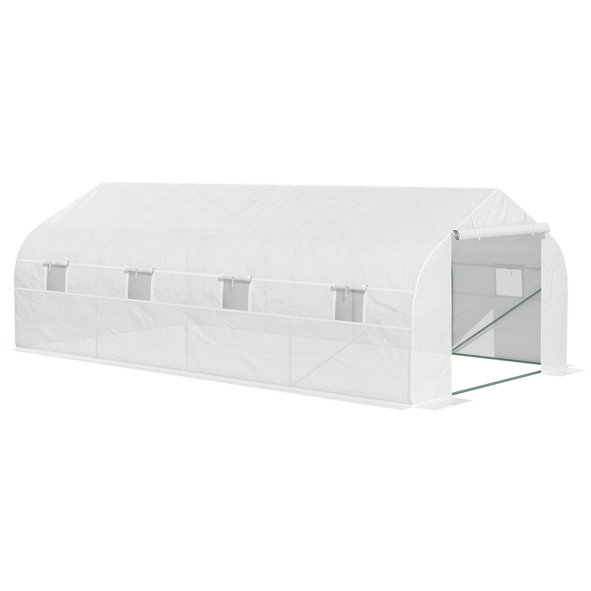 OUTSUNNY Serre tunnel de jardin dim. 5,93L x 3l x 2H m porte + 8 fenêtres enroulables acier galvanisé bâche PE haute densité blanc