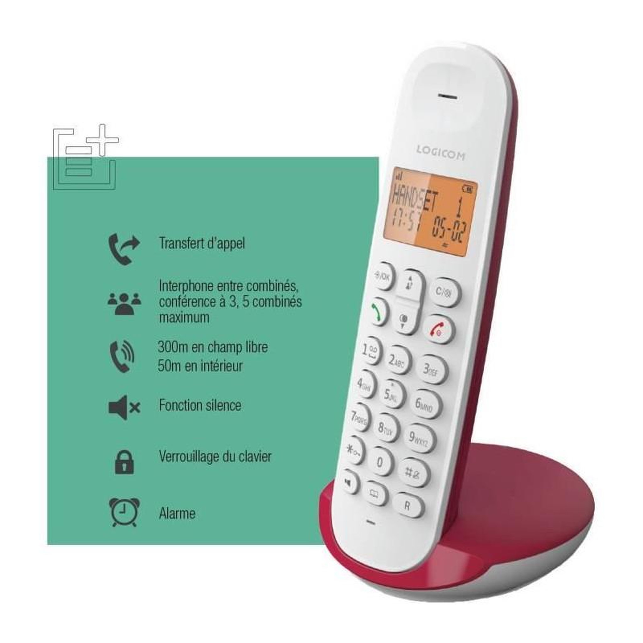 Voir la diapositive 5 : Logicom Téléphone fixe sans fil - LOGICOM - DECT ILOA 150 SOLO - Framboise - Sans répondeur
