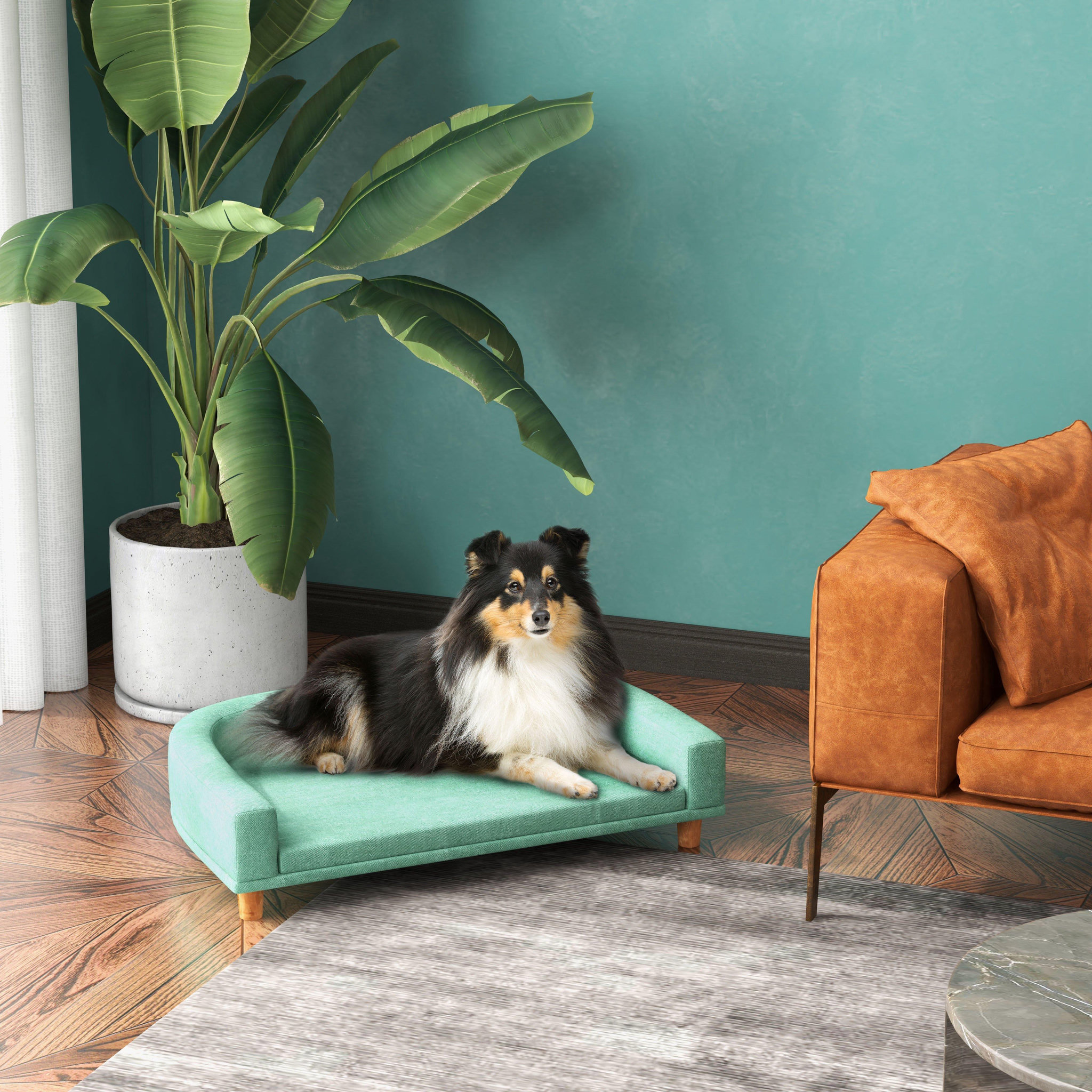 Voir la diapositive 4 : PAWHUT Canapé chien lit pour chien design scandinave coussin déhoussable dim 98l x 67l x 25h cm pieds bois tissu polyester vert