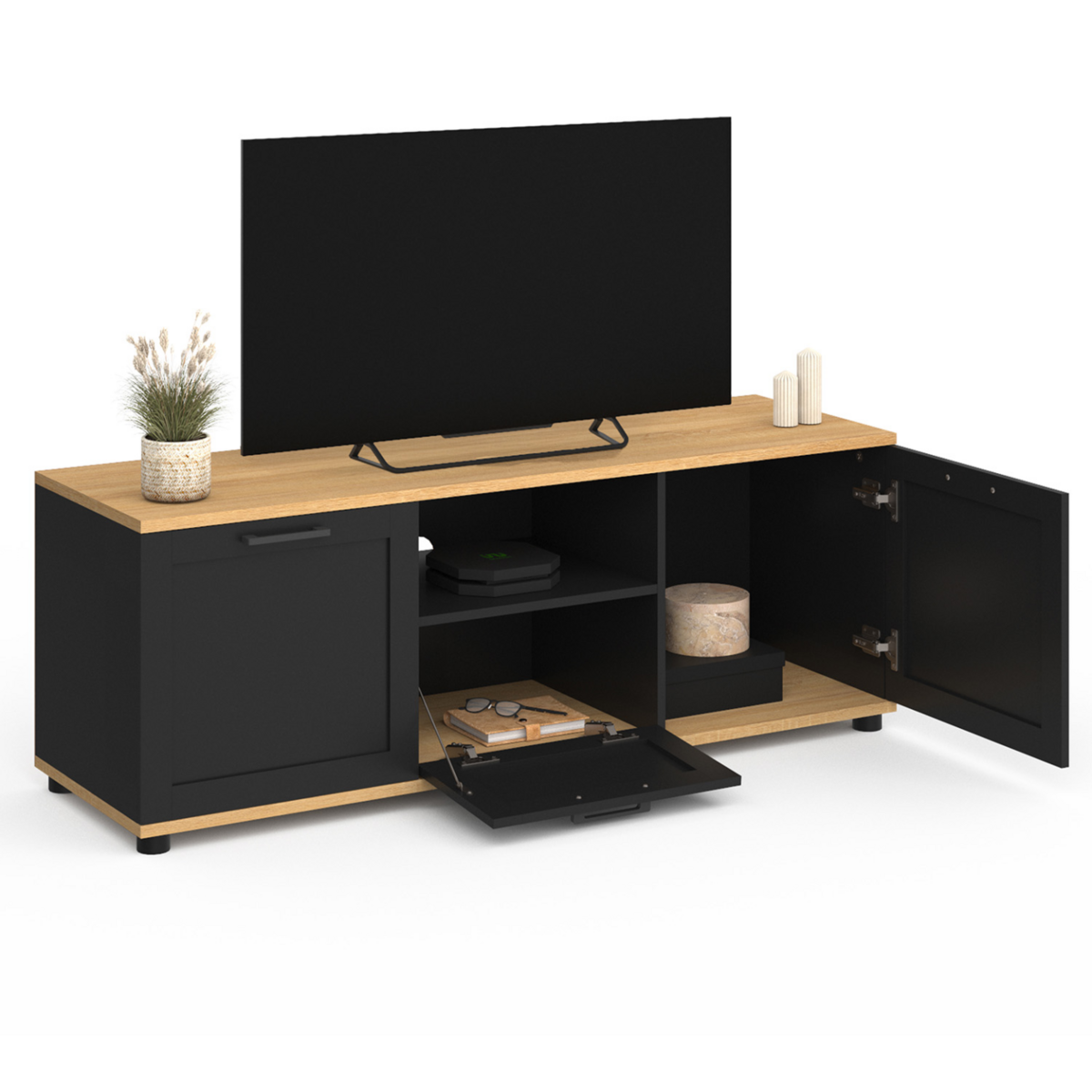 ID MARKET Meuble TV 110 cm VITO avec tiroir et niche noir et bois