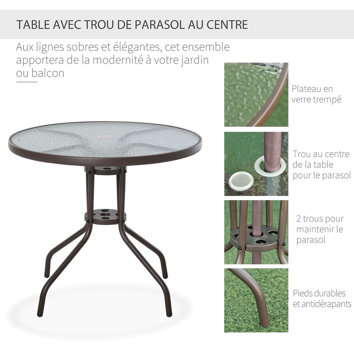 OUTSUNNY Ensemble salon de jardin 6 pcs - table ronde + 4 chaises pliables + parasol - acier époxy café textilène polyester beige