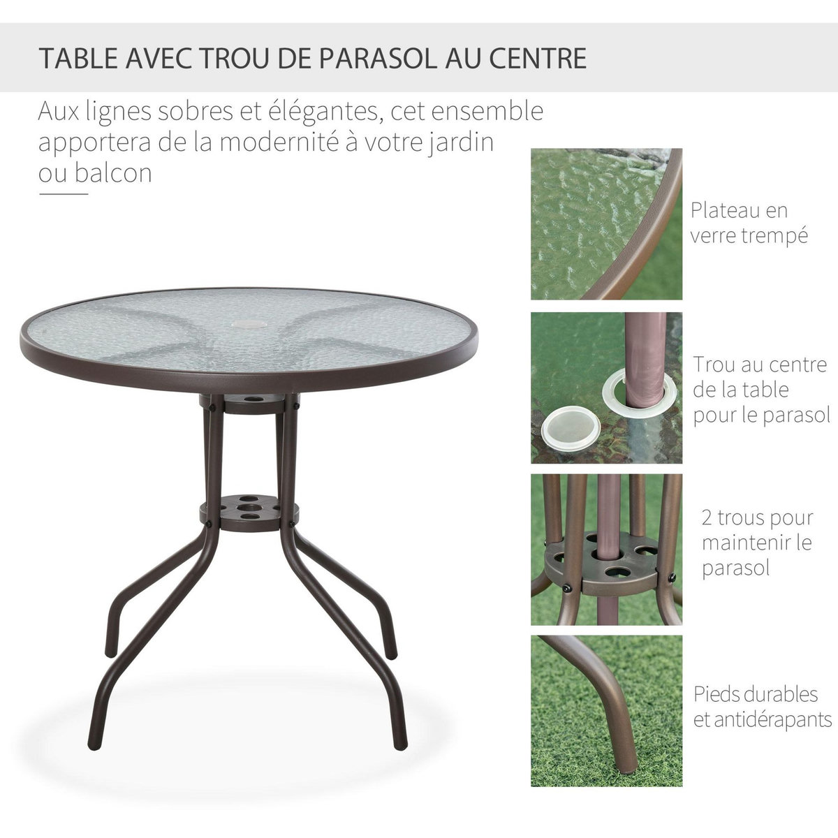OUTSUNNY Ensemble salon de jardin 6 pcs - table ronde + 4 chaises pliables + parasol - acier époxy café textilène polyester beige