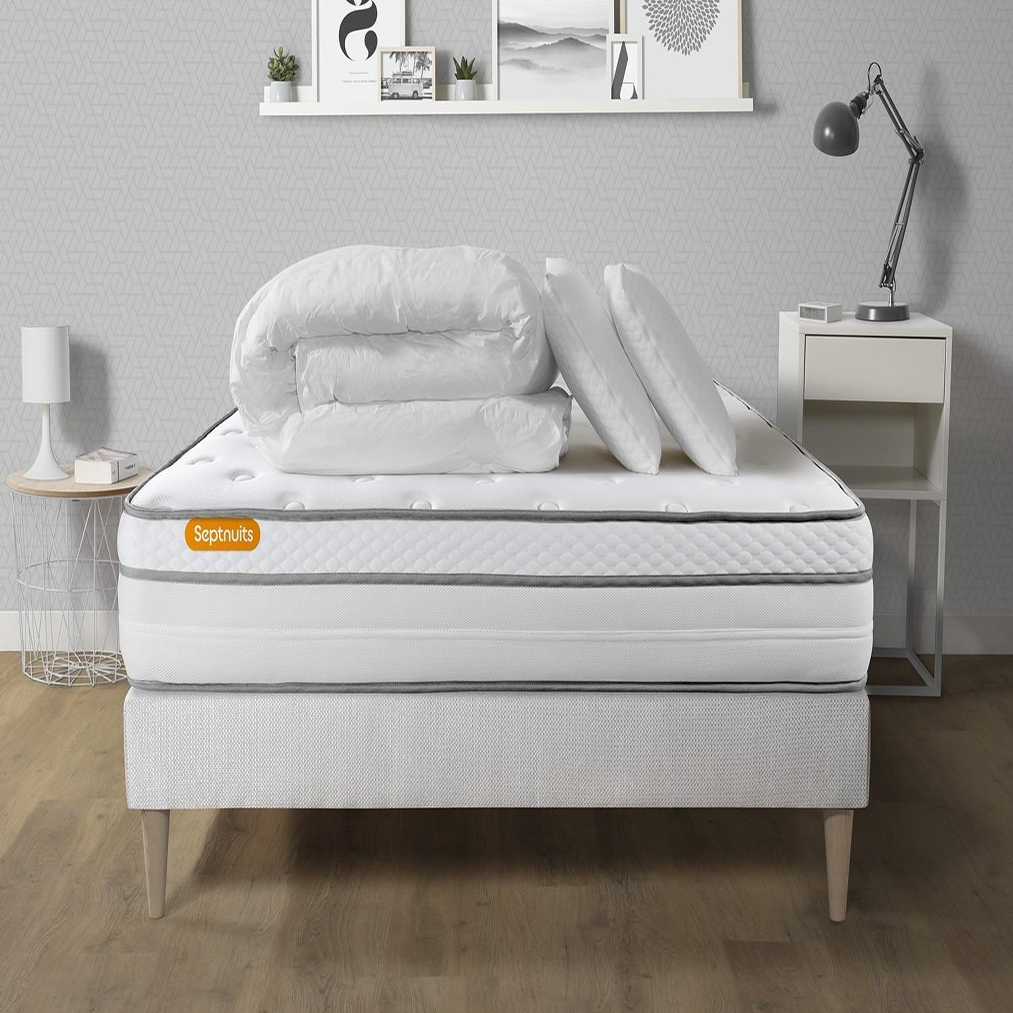 SEPTNUITS Pack matelas + sommier kit blanc Memo Luxe Ressorts ensachés + mémoire de forme + Couette + 2 oreillers. Coloris disponibles : Blanc
