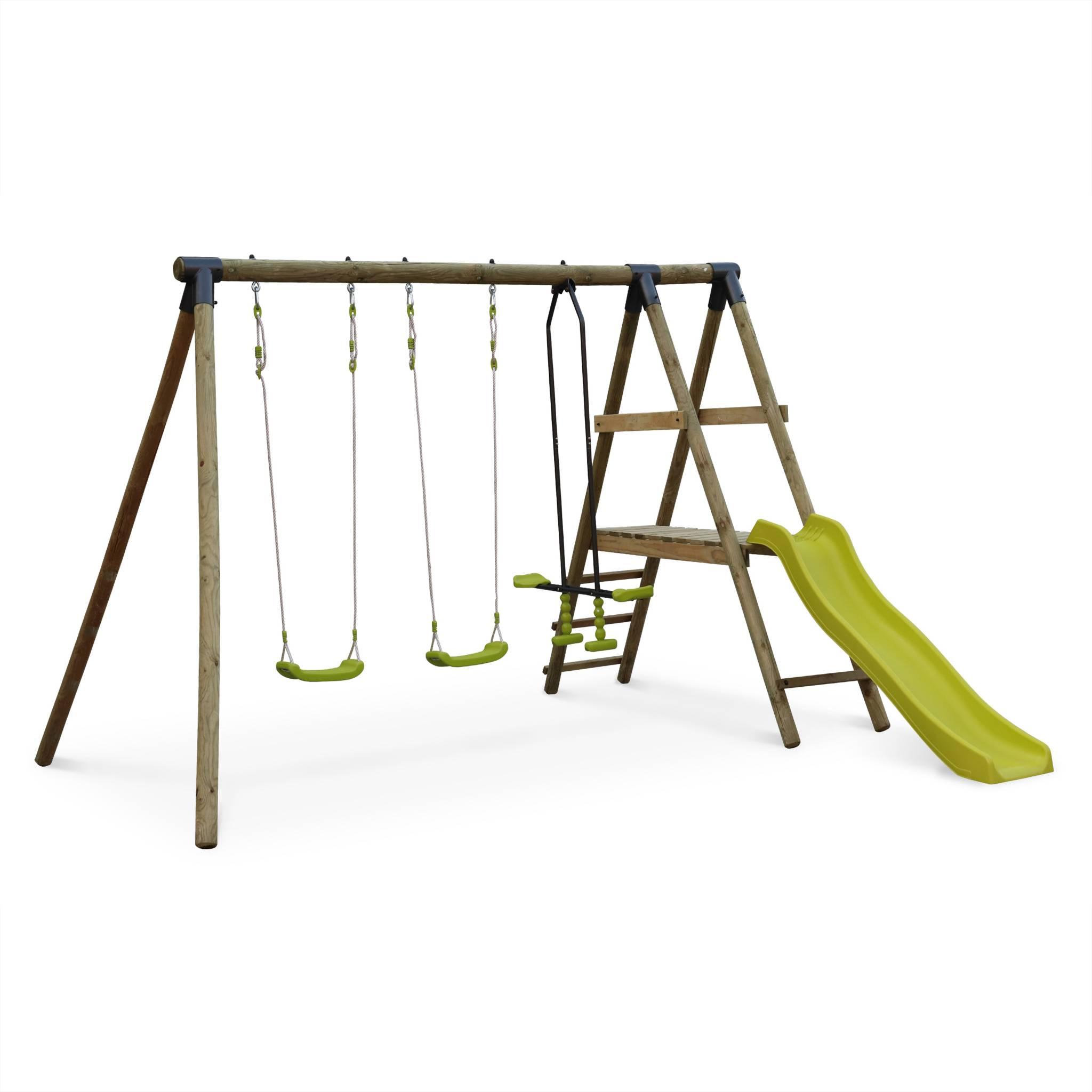 Voir la diapositive 1 : SWEEEK Aire de jeux MARIN en bois avec toboggan. 1 face à face. 2 balançoires. pin autoclave
