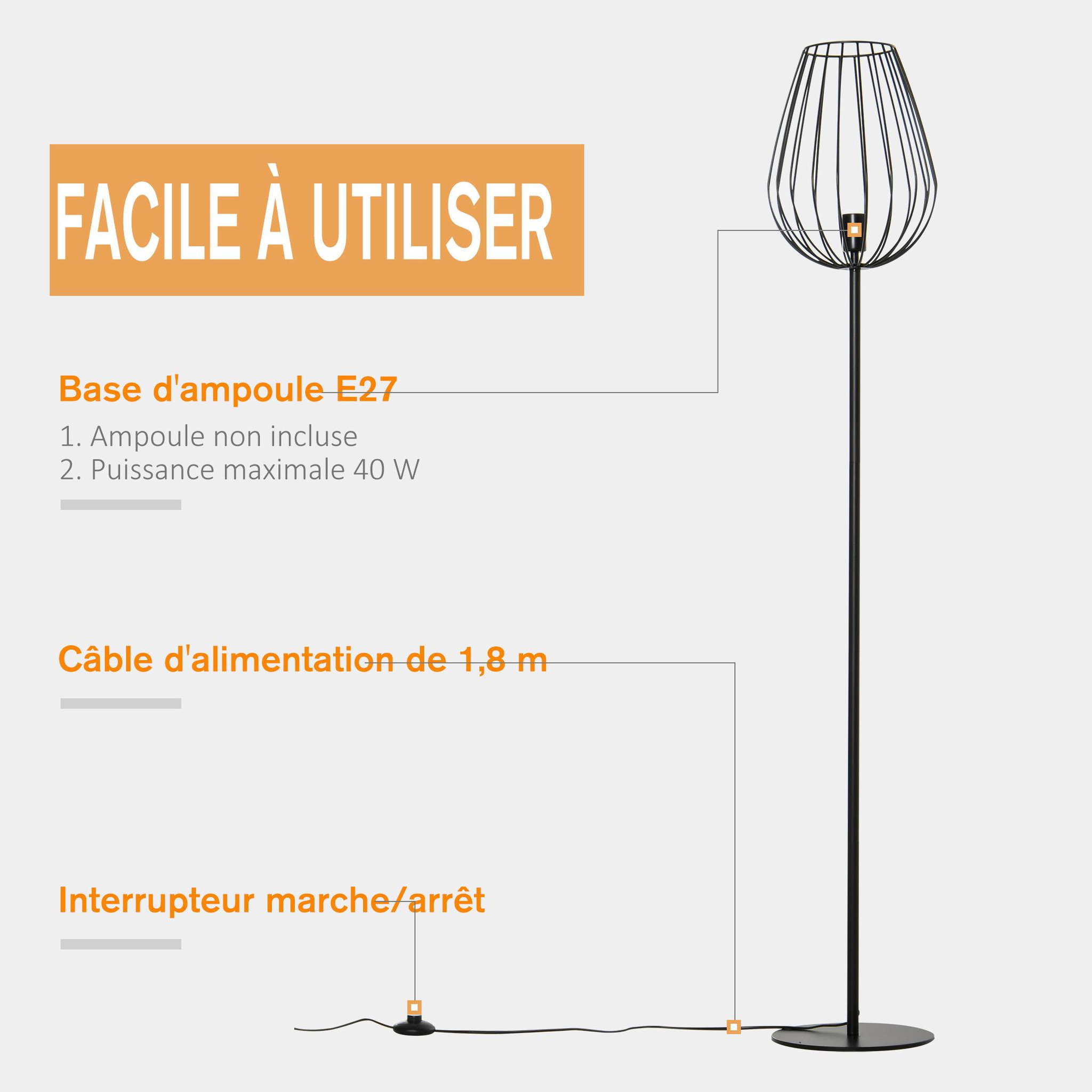 Voir la diapositive 4 : HOMCOM Lampadaire design industriel metal filaire ampoule E27 40 W max. 27,5 x 27,5 x 159 cm noir