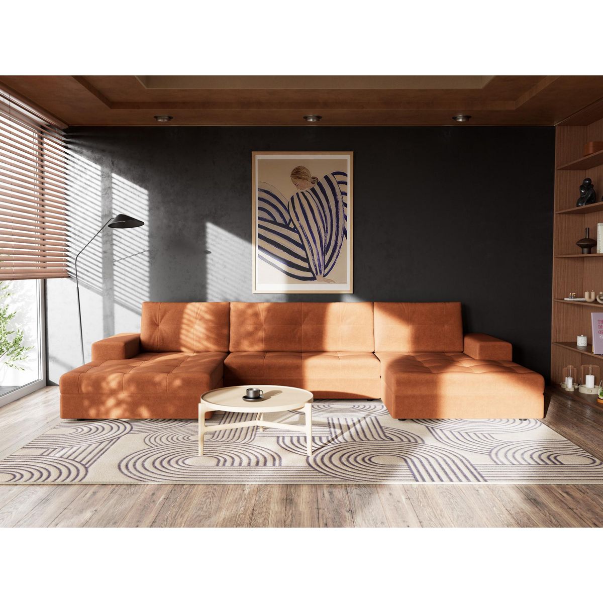 BEST MOBILIER Bastian - canapé panoramique en u 7 places convertible avec coffre en velours texturé