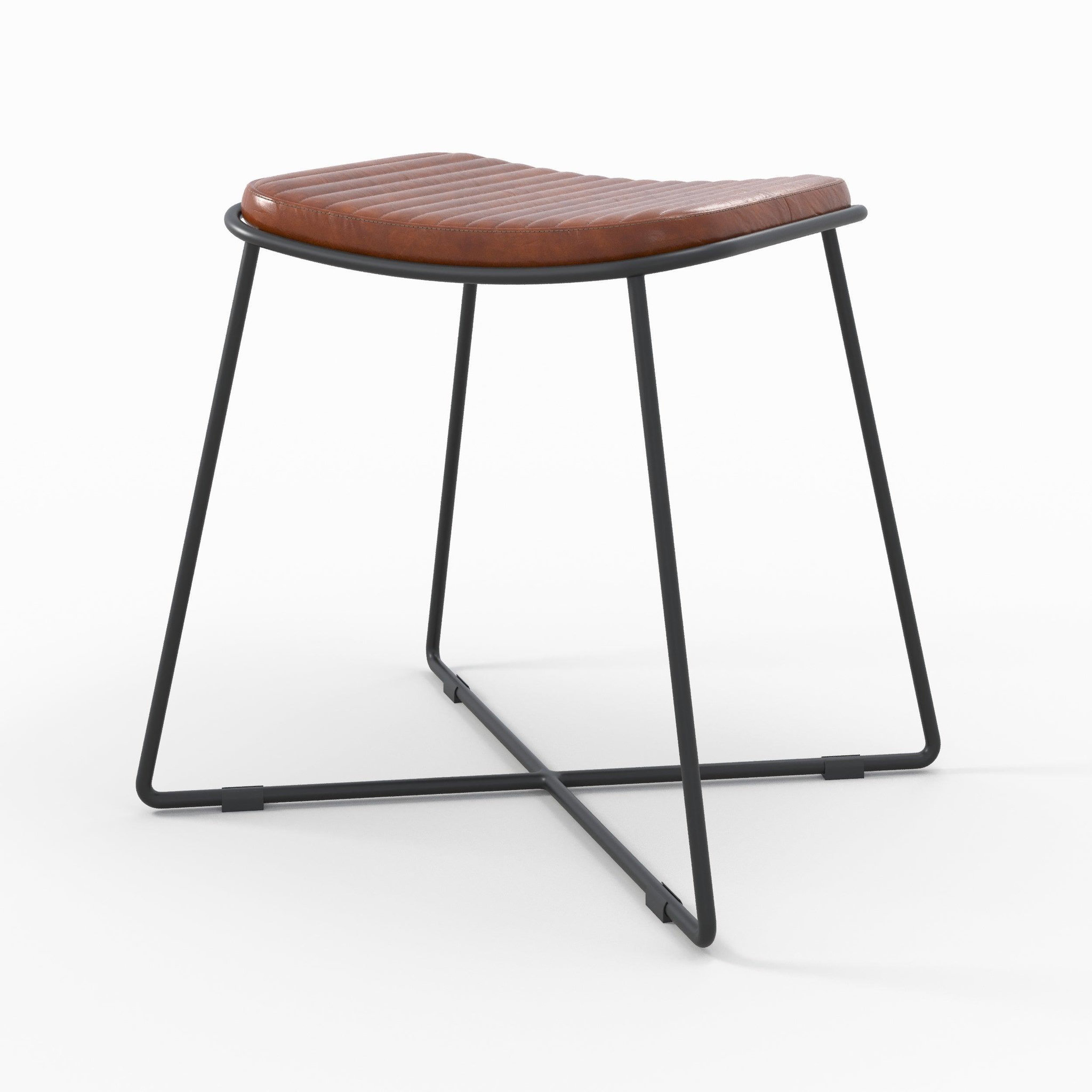 MAISON PAVANE Tabouret en cuir marron et pieds en métal noir-germain