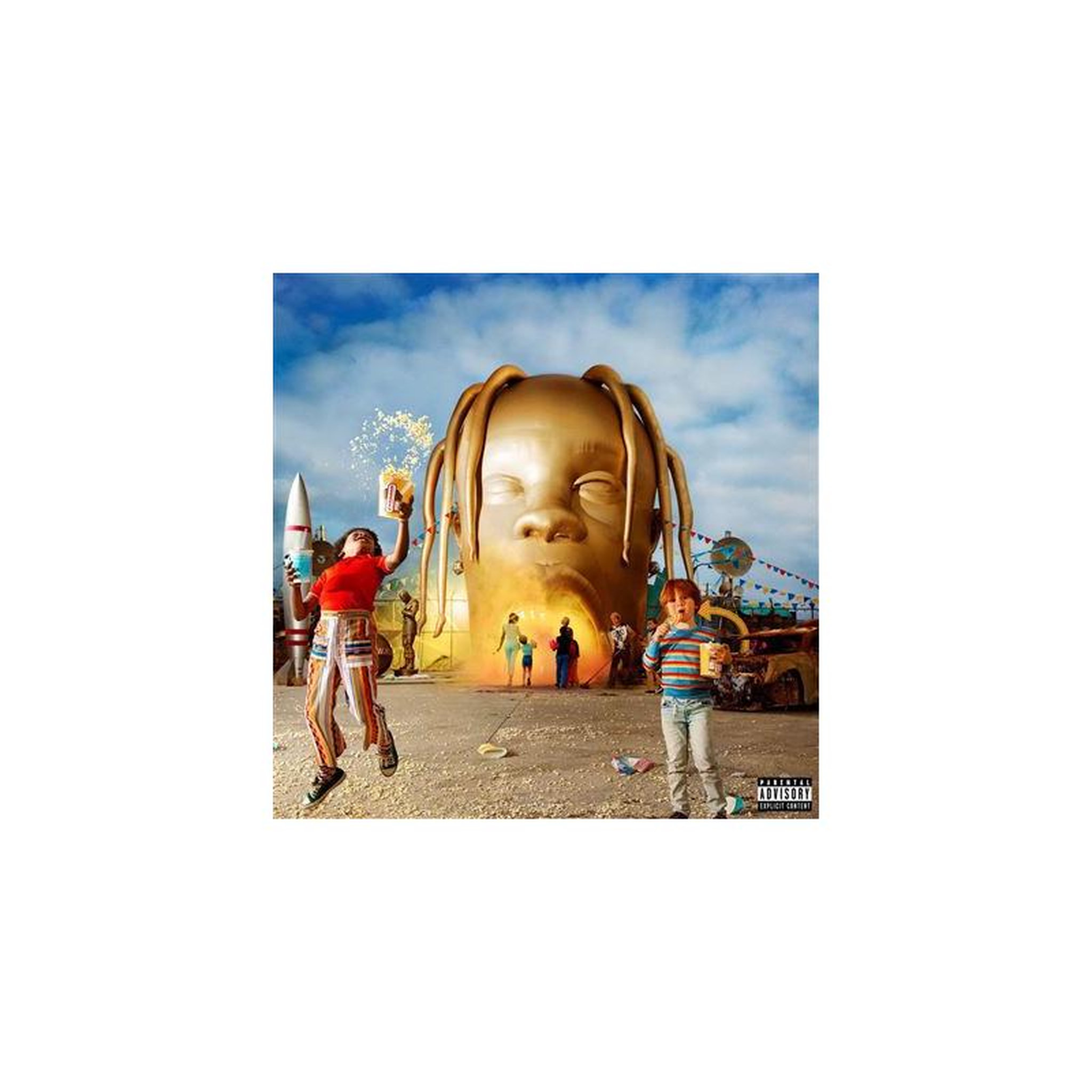 Cover art vinyle astroworld sans marque, visuel face dorée casque audio, fusée et ambiance fête foraine, couleurs or bleu noir orange