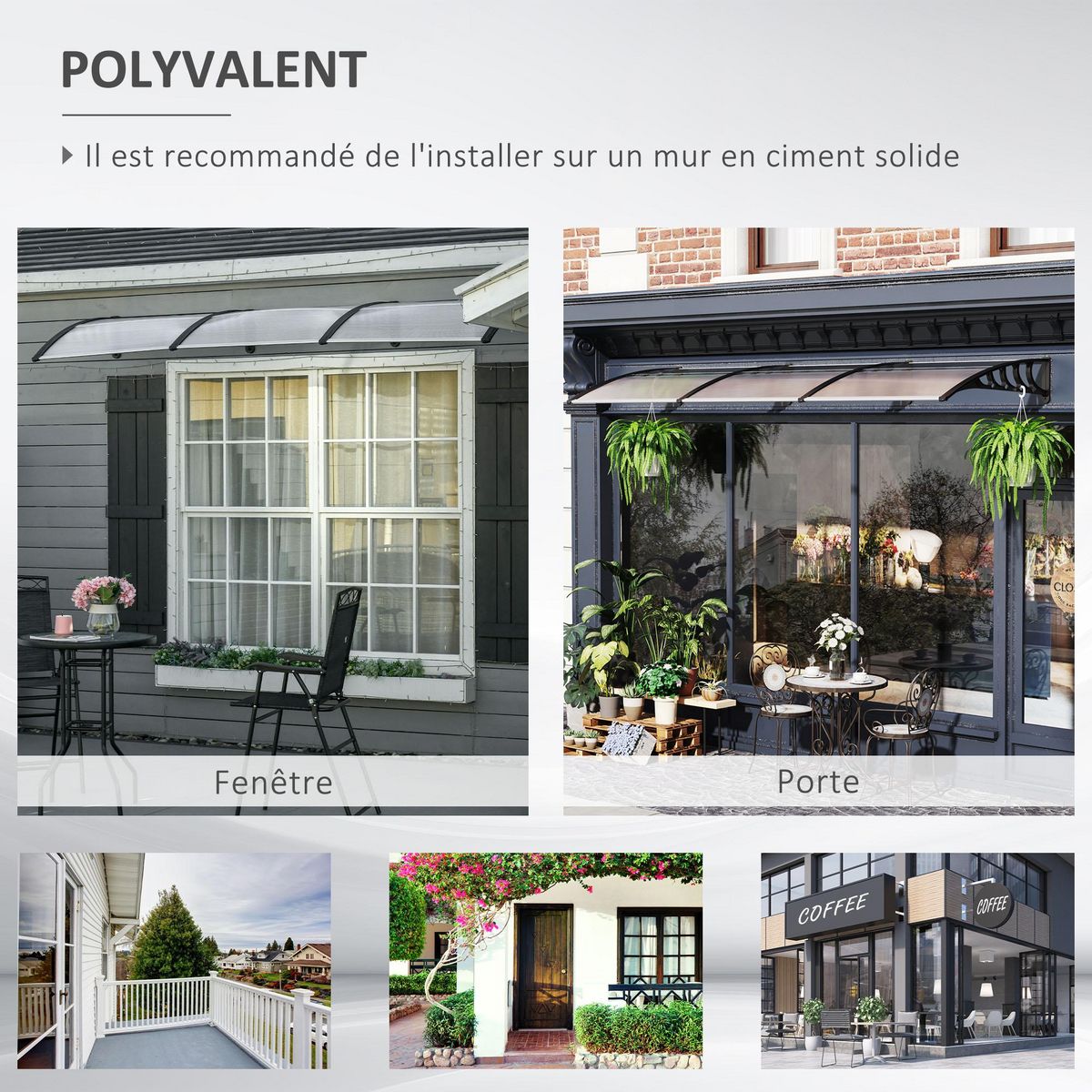 OUTSUNNY Auvent marquise de porte design voûté arrondi dim. 303L x 96l x 27H cm alu polycarbonate plastique noir