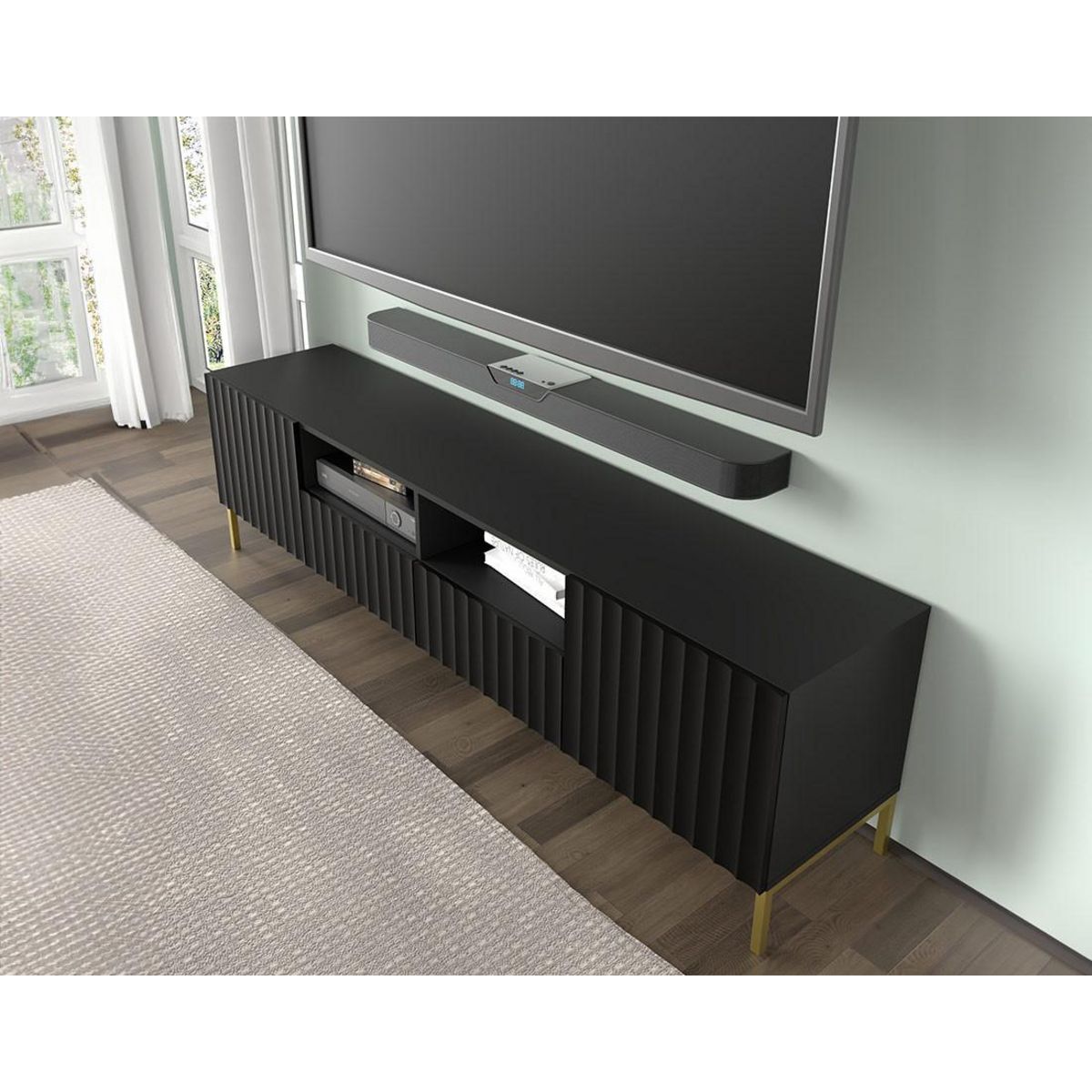 BEST MOBILIER Lara - meuble tv - pieds dorés - 2 tiroirs - 200 cm