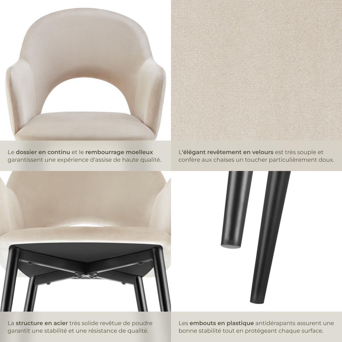 tectake Fauteuil en velours et rembourré crème Lot de 6
