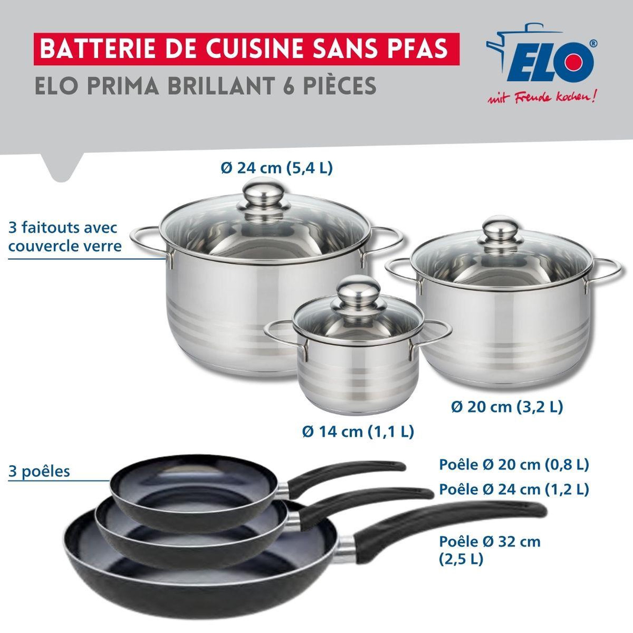 Voir la diapositive 2 : ELO Ensemble de 3 poêles de cuisson 20, 24 et 32 cm et 3 faitouts 14, 20 et 24 cm elo prima brillant
