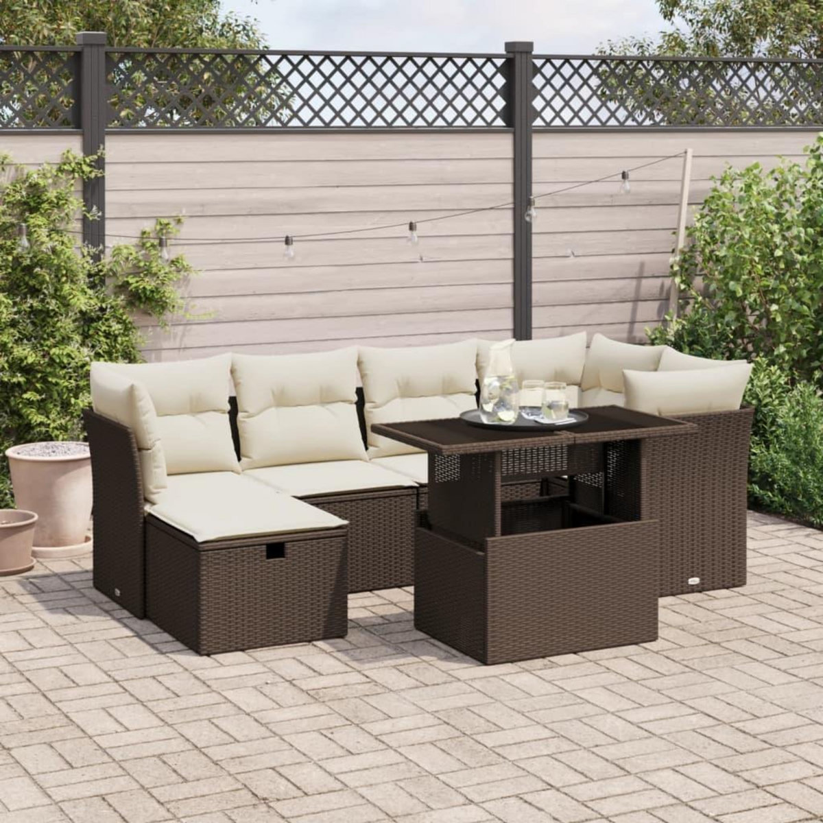 VIDAXL Salon de jardin avec coussins 7 pcs marron resine tressee