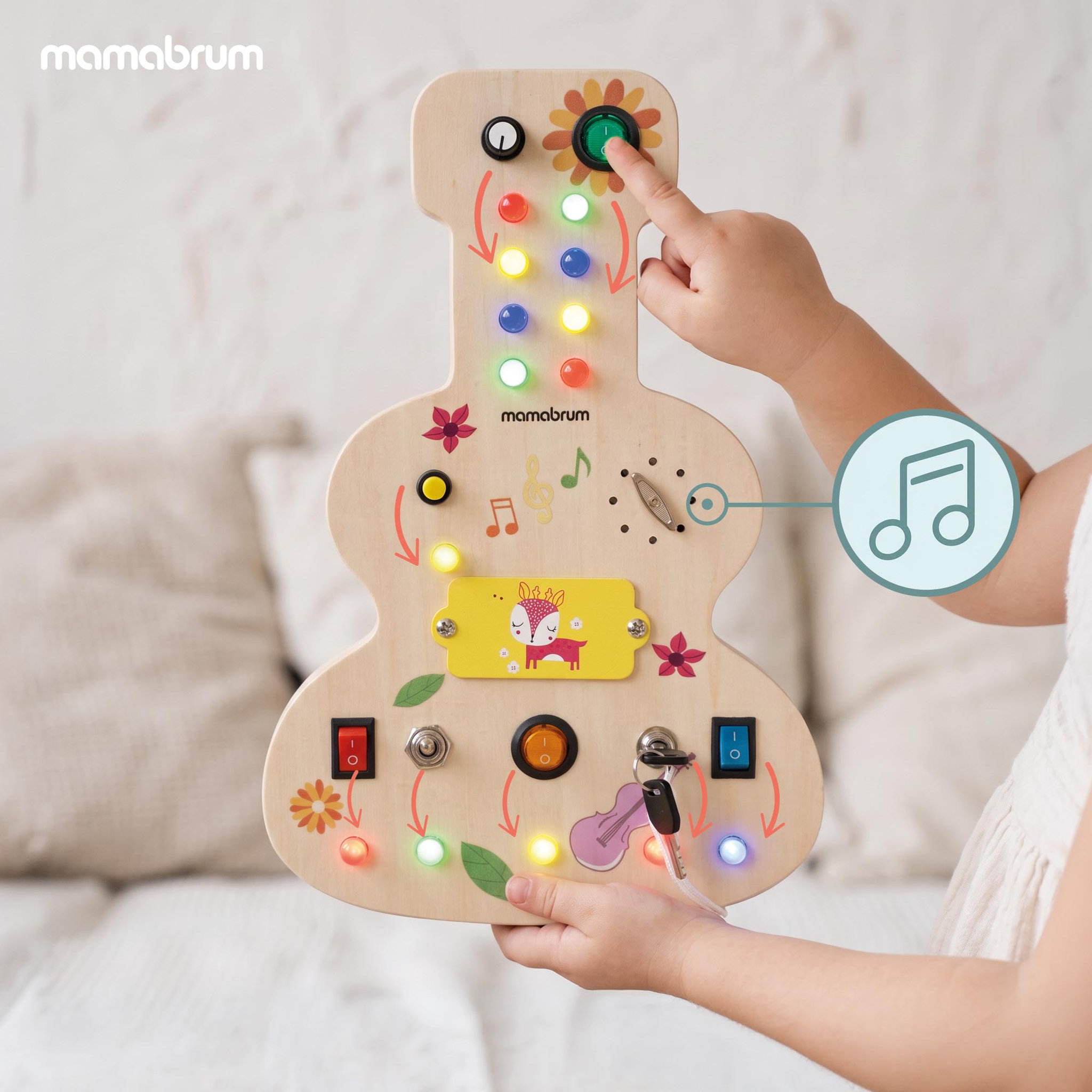 Voir la diapositive 2 : MAMABRUM Planche de Manipulation Bois en Forme de Guitare - Signales Lumineux et Sons Musique Enfant Mamabrum