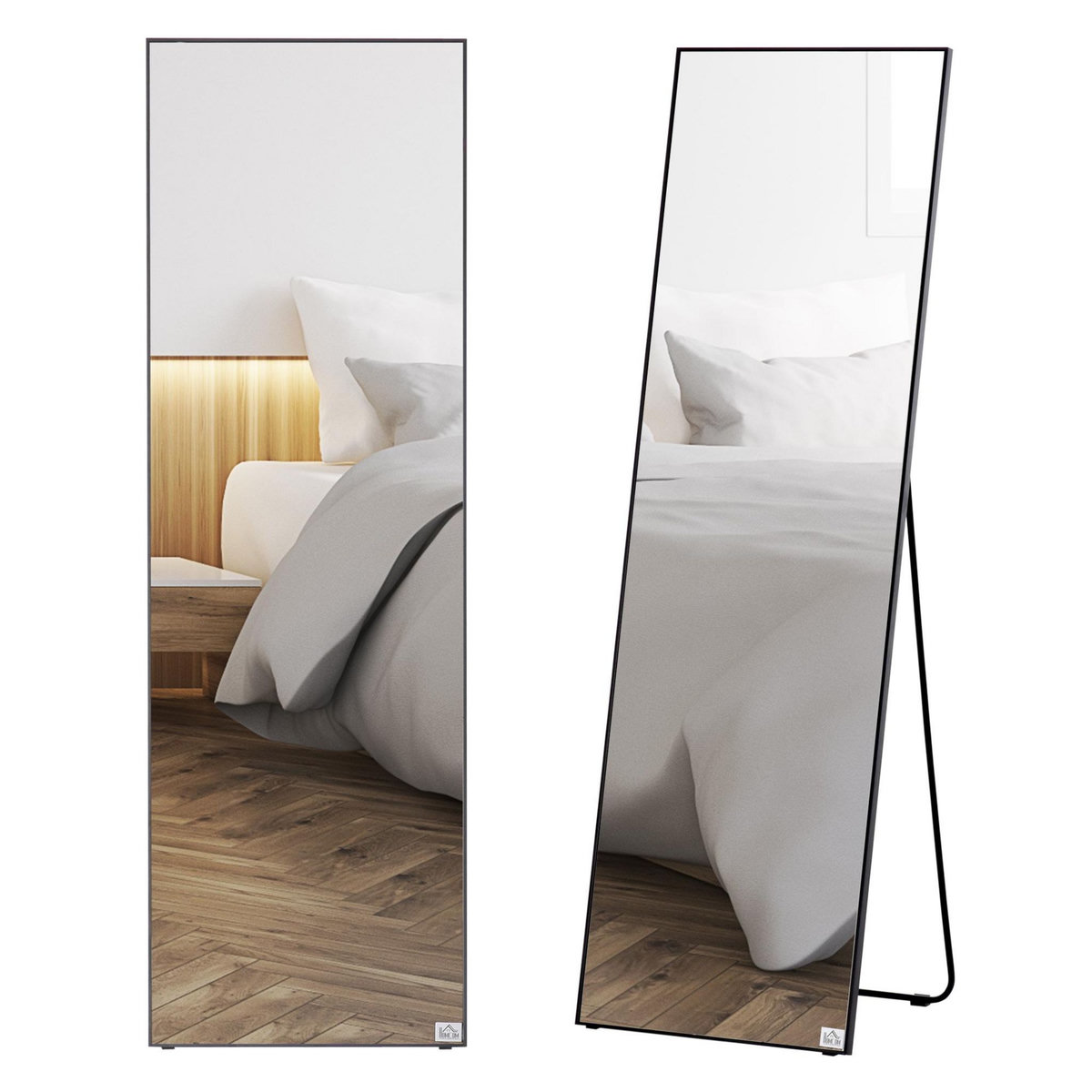 HOMCOM Miroir sur pied ou mural rectangulaire grande taille dim. 50L x 37l x 158H cm verre métal noir