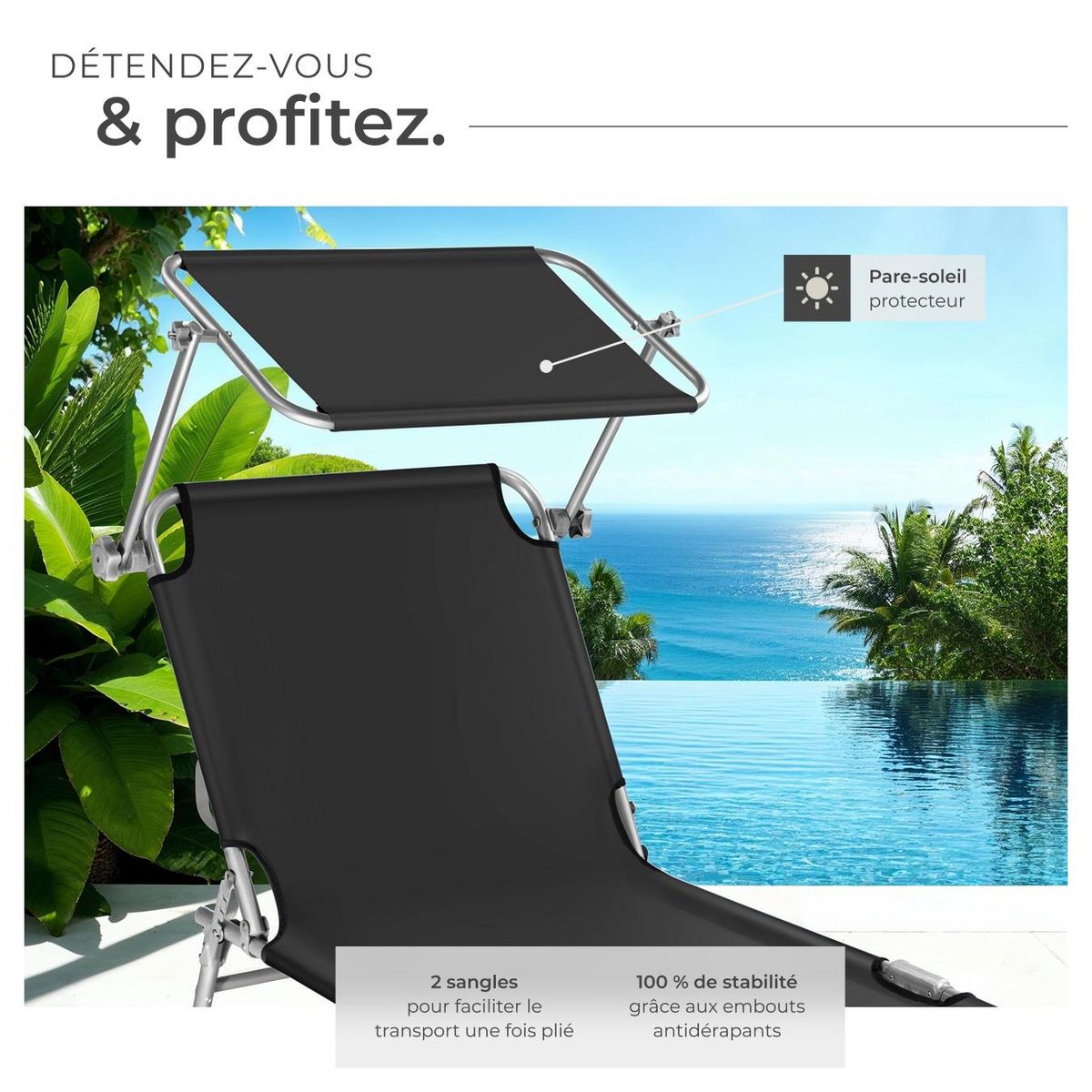 tectake Transat en acier pliable noir