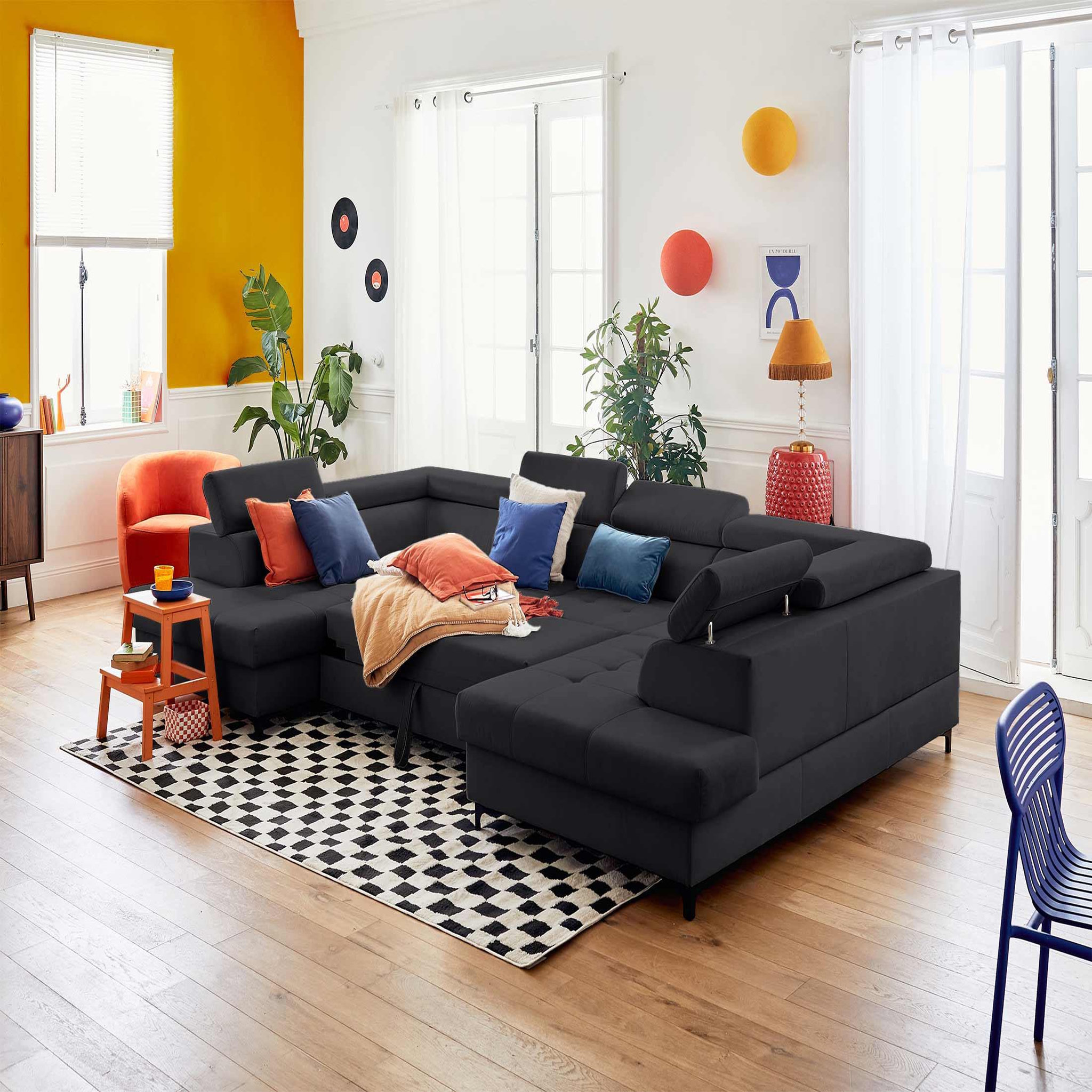 Voir la diapositive 3 : LISA DESIGN Merida - canapé panoramique en u - 7 places - convertible avec coffres et têtières réglables - en velours