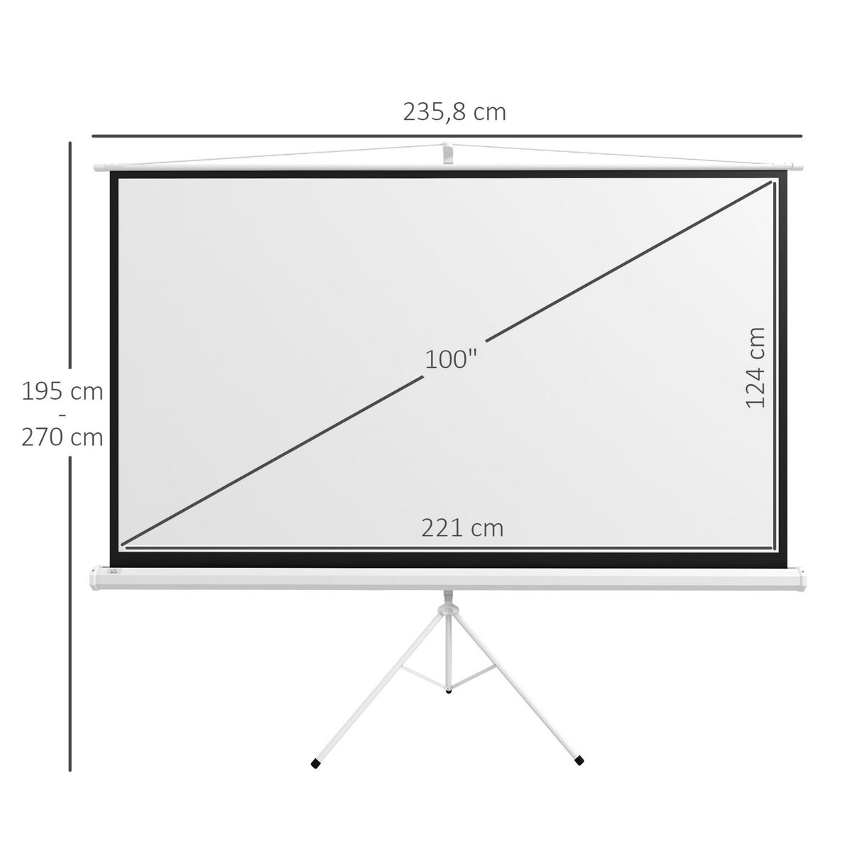 HOMCOM Écran de projection avec support trépied réglable en hauteur home-cinéma vidéo projecteur format 16:9 100 pouces blanc noir