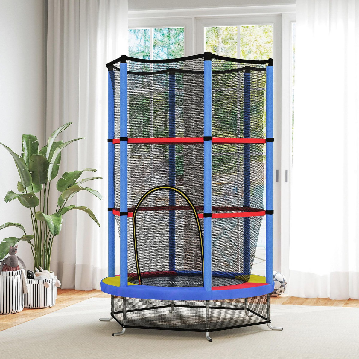 HOMCOM Trampoline enfant Ø140 cm max. 45 Kg - filet sécurité, porte zippée, 6 poteaux rembourrés - multicolore