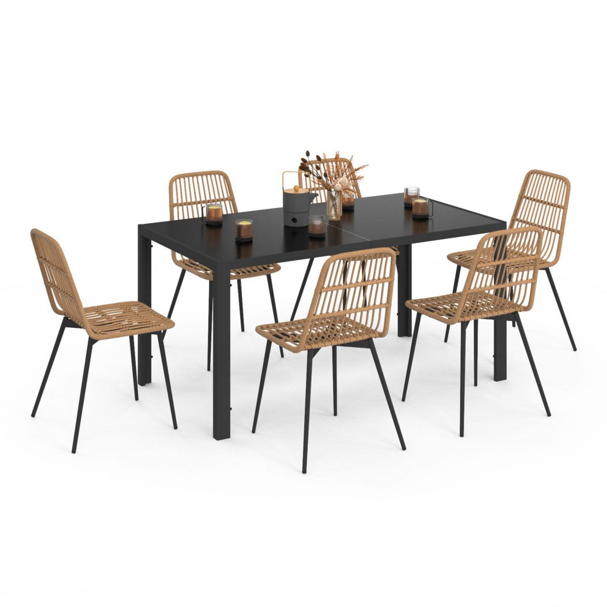 ID MARKET Salon de jardin SUMMER table 150 cm plateau verre trempé et 6 chaises rotin