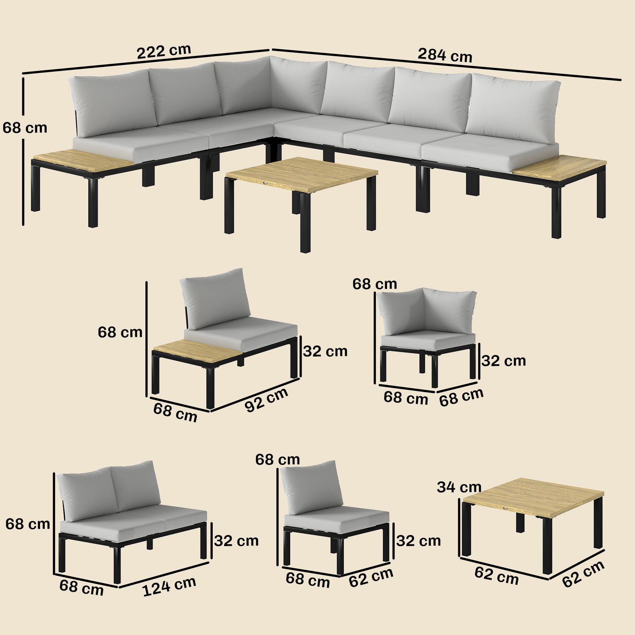Voir la diapositive 3 : OUTSUNNY Salon de jardin d'angle 6 places design acier noir effet bois coussins gris clair