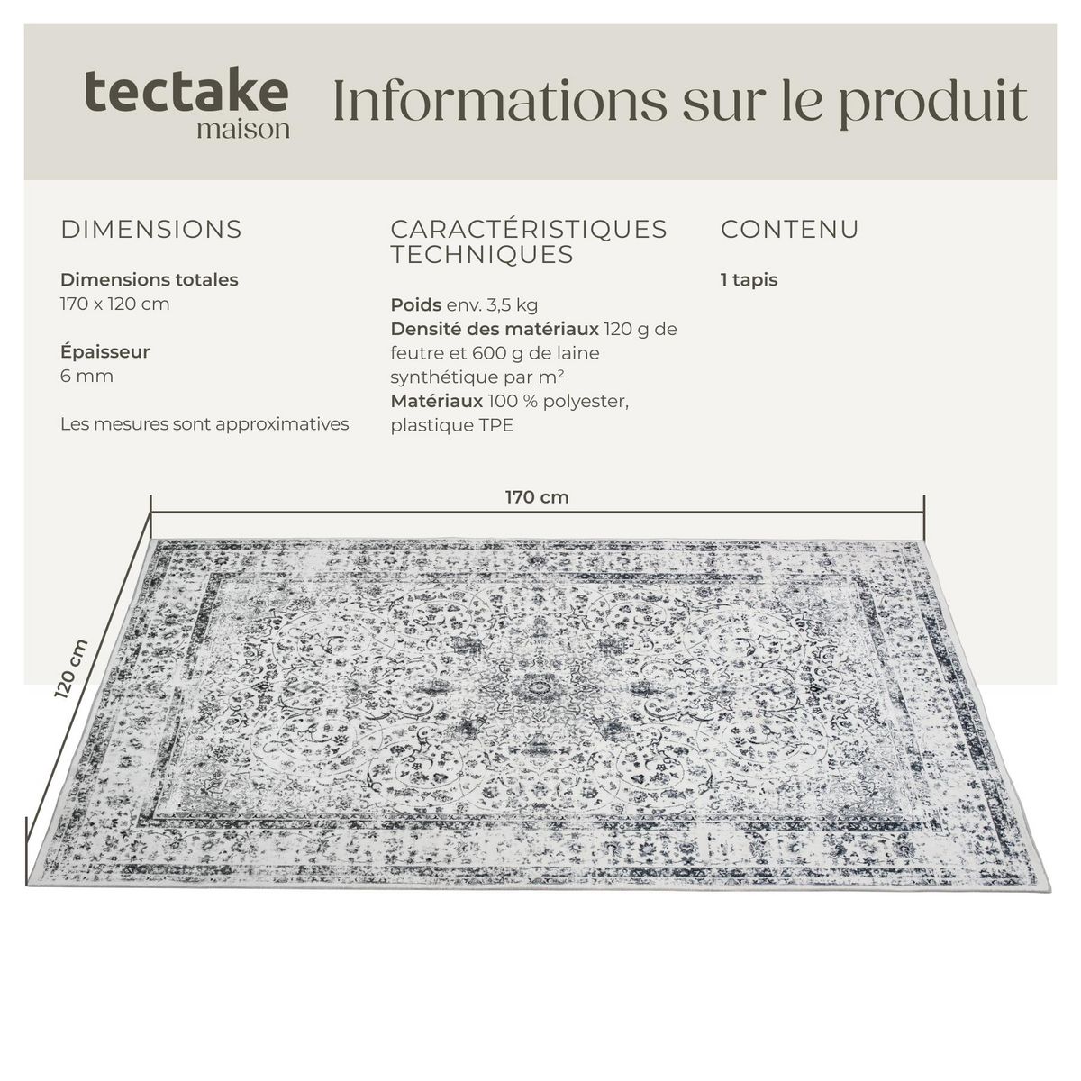 tectake Tapis design vintage à poils courts en laine synthétique et feutre gris 120 x 170 cm