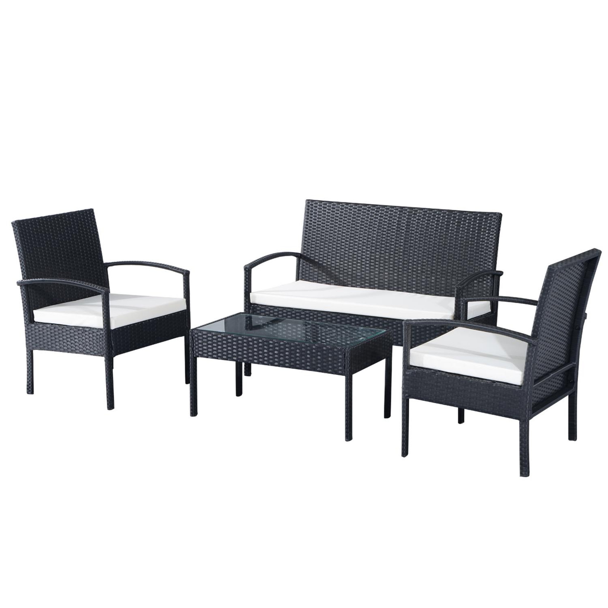 Voir la diapositive 1 : OUTSUNNY Outsunny Ensemble salon de jardin 4 places : canapé, 2 fauteuils et table basse plateau verre trempé résine tressée 4 fils  imitation rotin noir coussins blanc