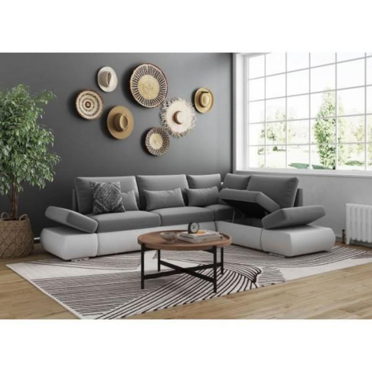 LOUNGITUDE Canapé d'angle réversible convertible SEVARA 4 places - PU blanc et tissu gris clair - Coffre de rangement - L267 x P200 x H90