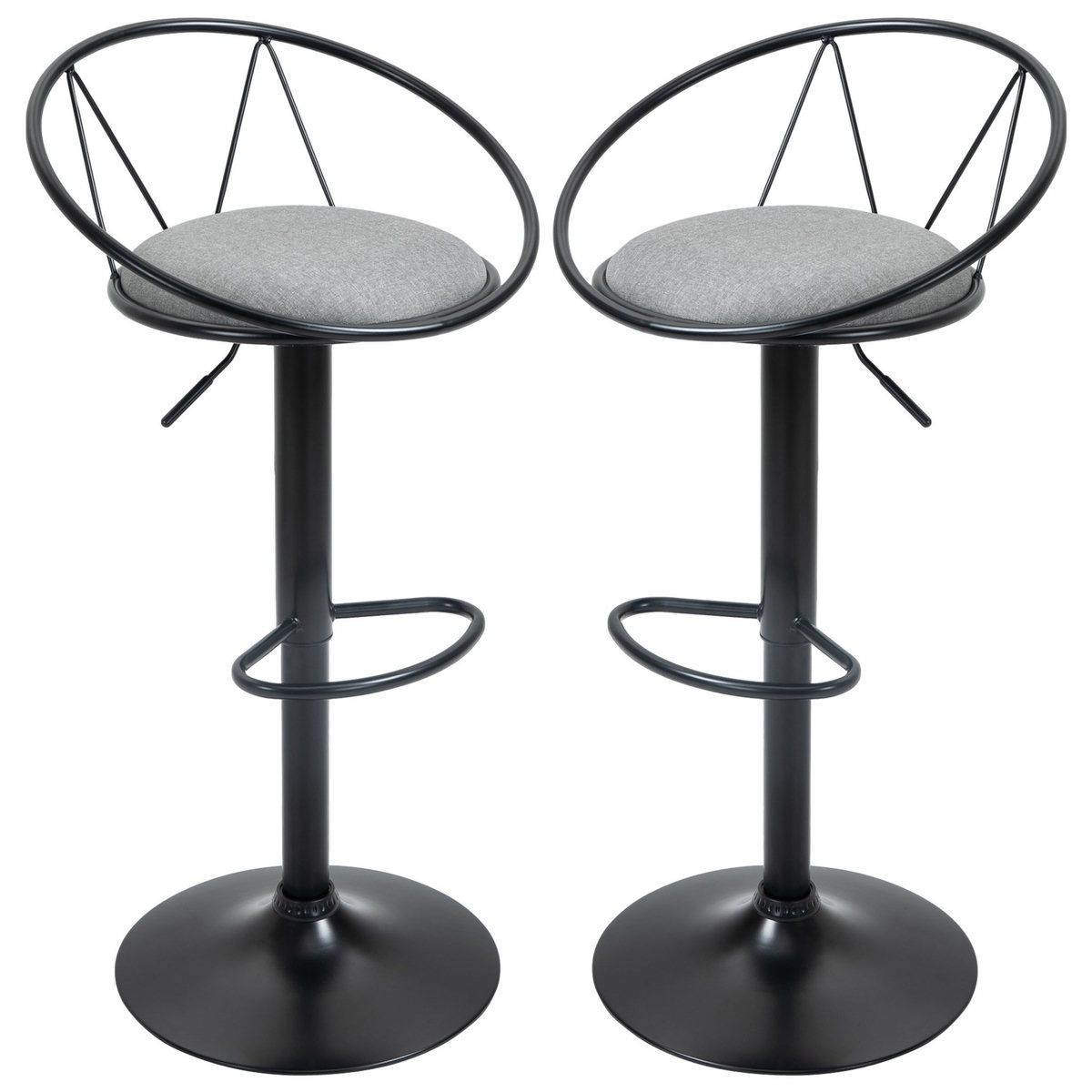 HOMCOM Lot de 2 tabourets de bar design néo-rétro réglable pivotant avec repose-pied métal noir lin gris