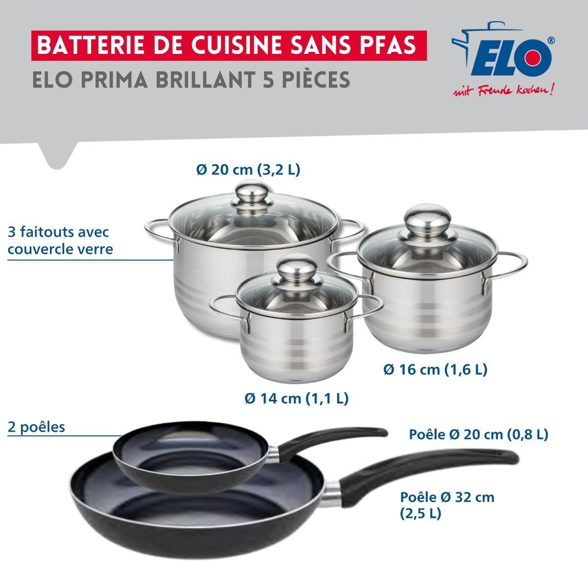Voir la diapositive 2 : ELO Ensemble de 2 poêles de cuisson 20 et 32 cm et 3 faitouts 14, 16 et 20 cm elo prima brillant
