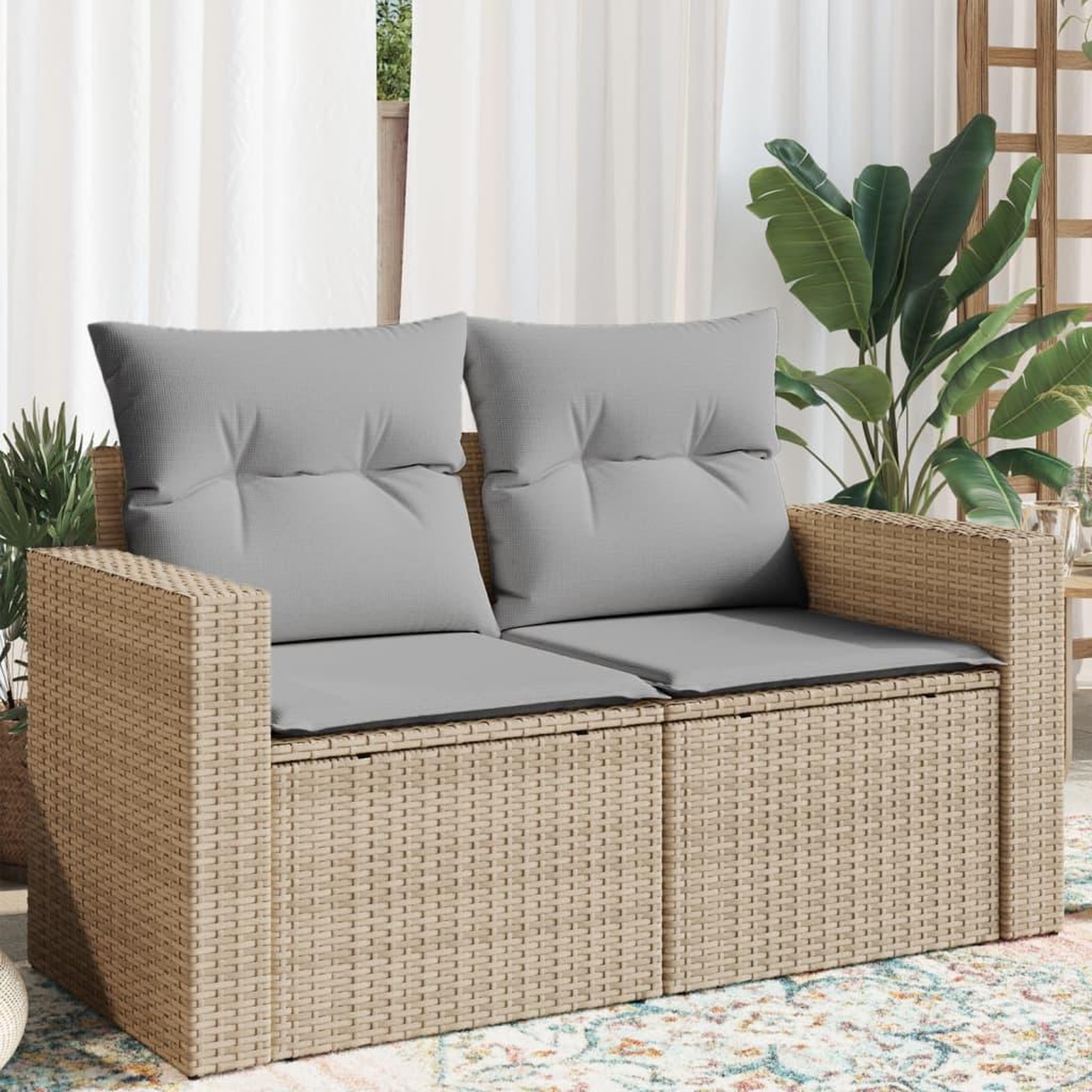 VIDAXL Canape de jardin avec coussins 2 places beige resine tressee