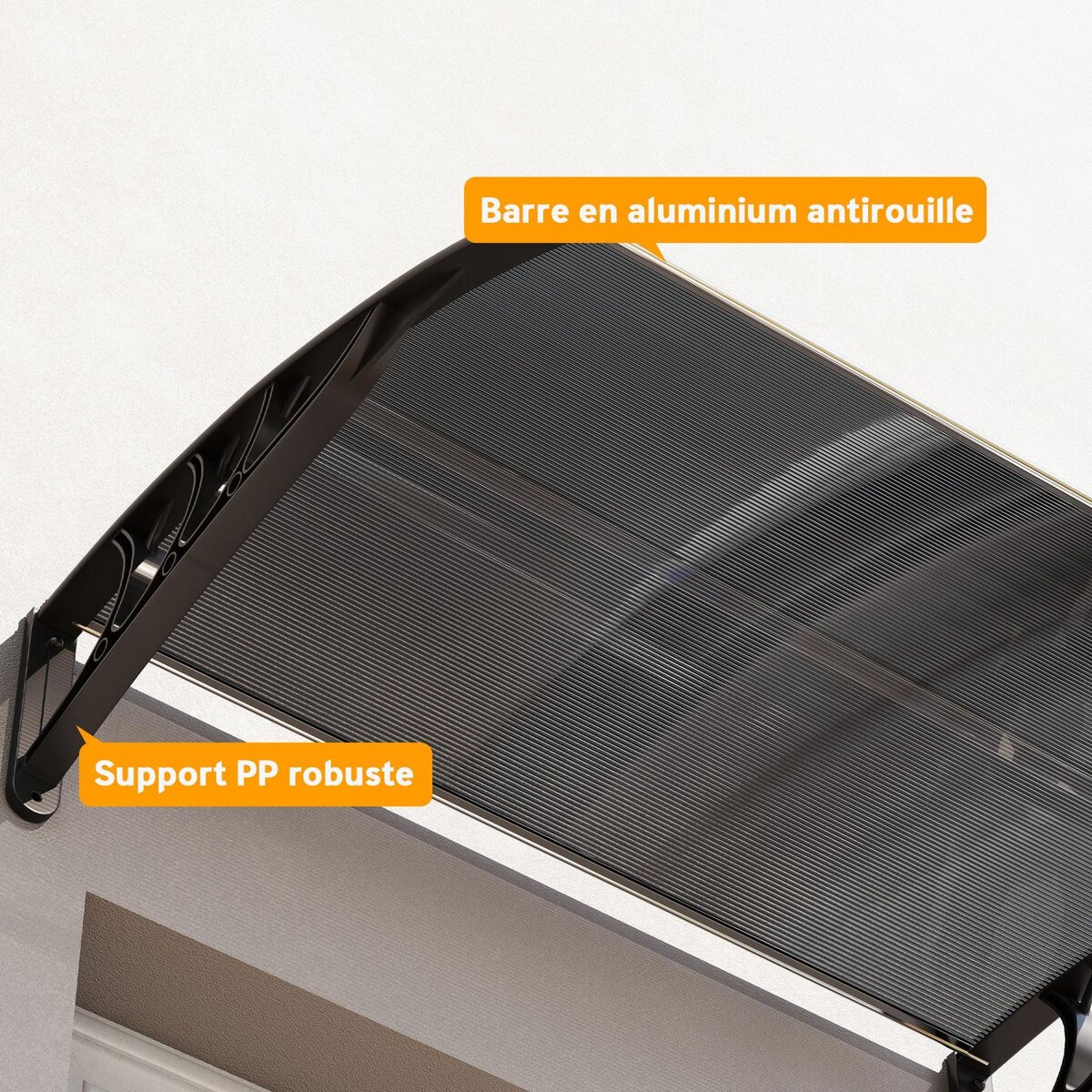 OUTSUNNY Auvent marquise de porte design voûté arrondi dim. 100L x 75l x 23H cm alu polycarbonate fumé plastique noir