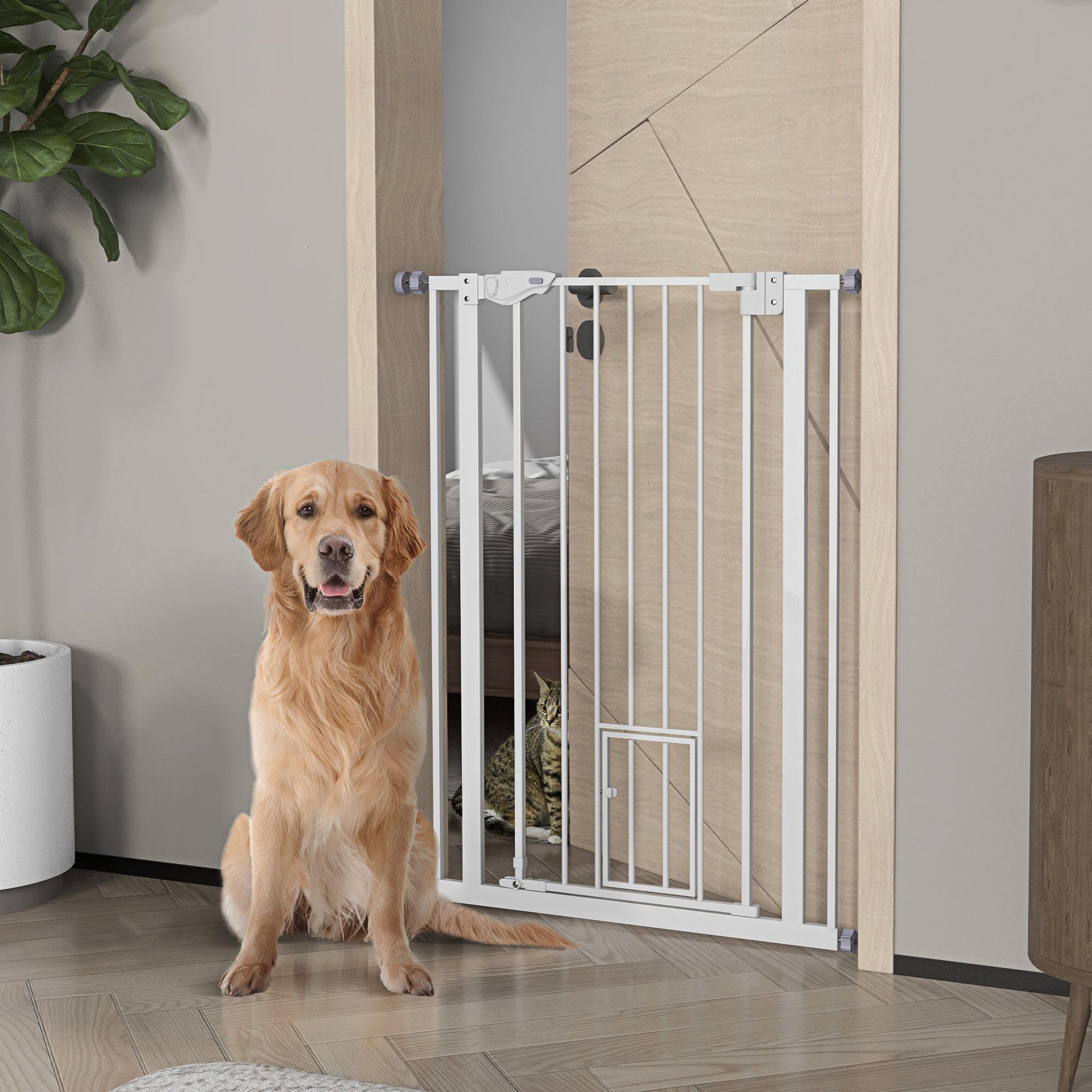 Voir la diapositive 2 : PAWHUT Barrière de sécurité animaux - longueur réglable dim. 74-80 cm - porte double verrouillage, ouverture double sens, petite porte -sans perçage - acier plastique blanc