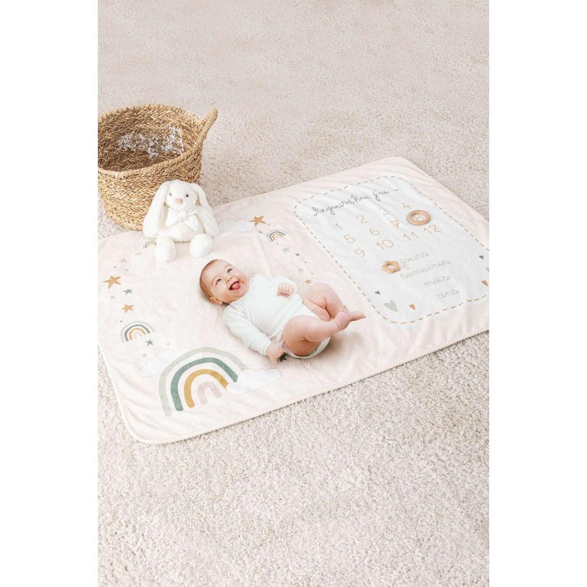 ATMOSPHERA Coffret couverture âge étape bébé Arc en ciel - Crème